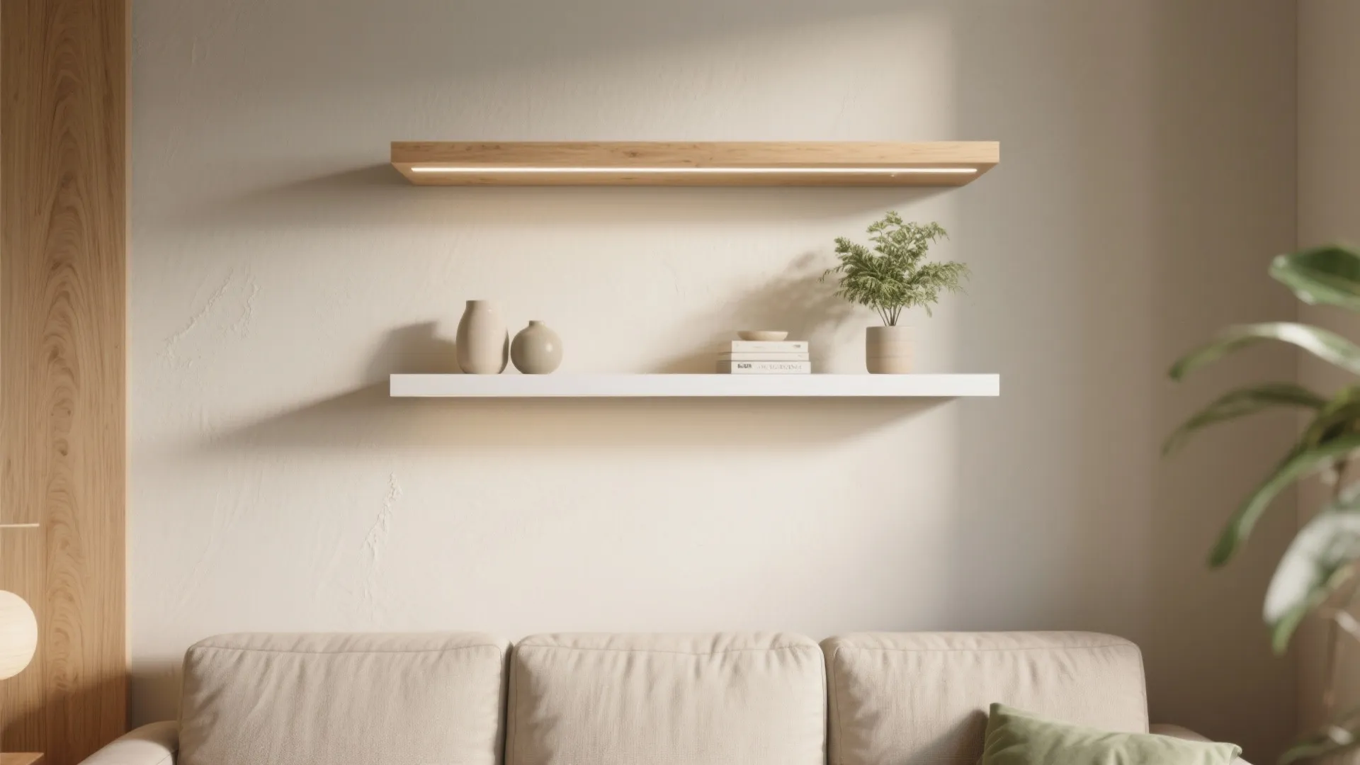 Minimal floating shelves that breathe