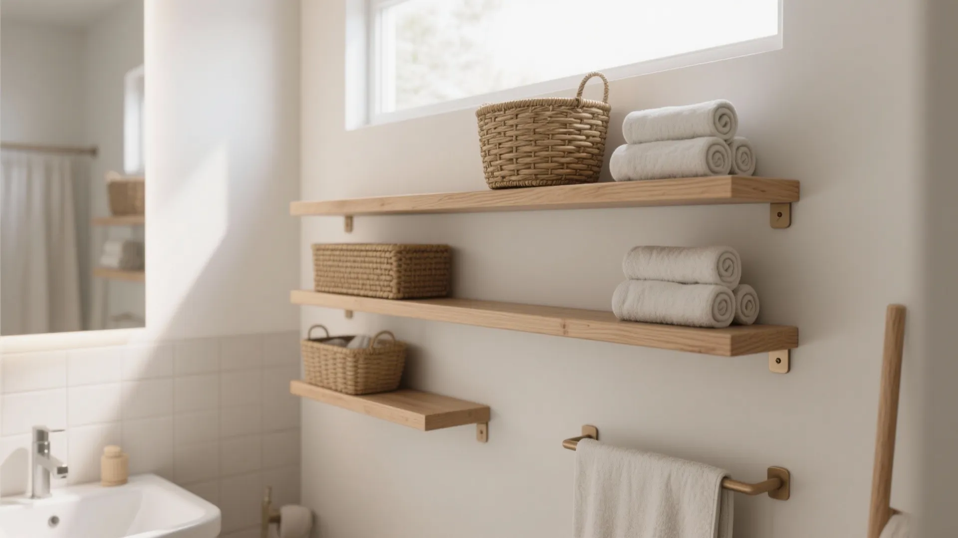 Wooden wall shelves in a bathroom holding rolled white towels and small woven storage baskets