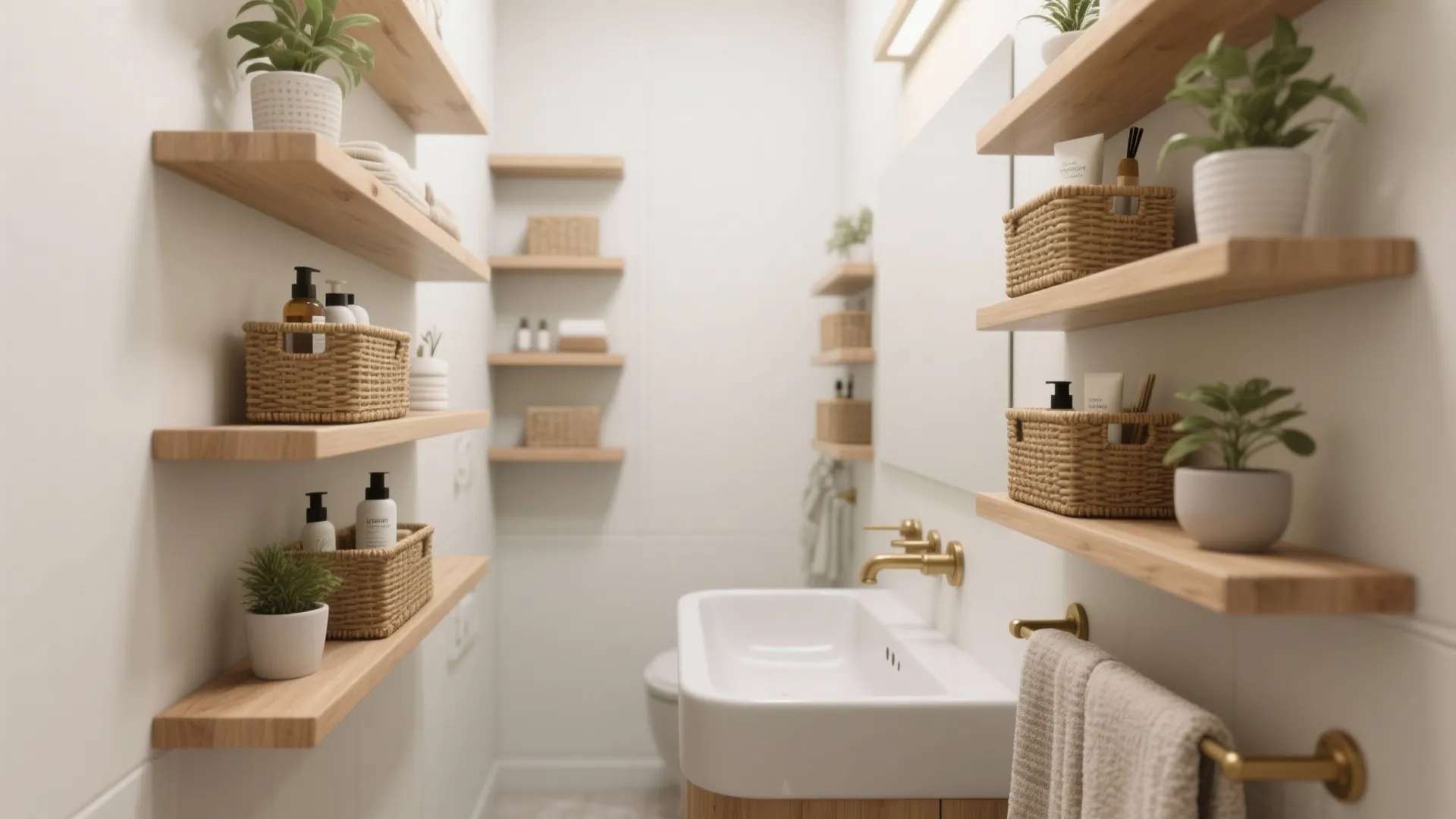 Narrow bathroom wall with staggered floating shelves, woven baskets and neatly styled toiletries.