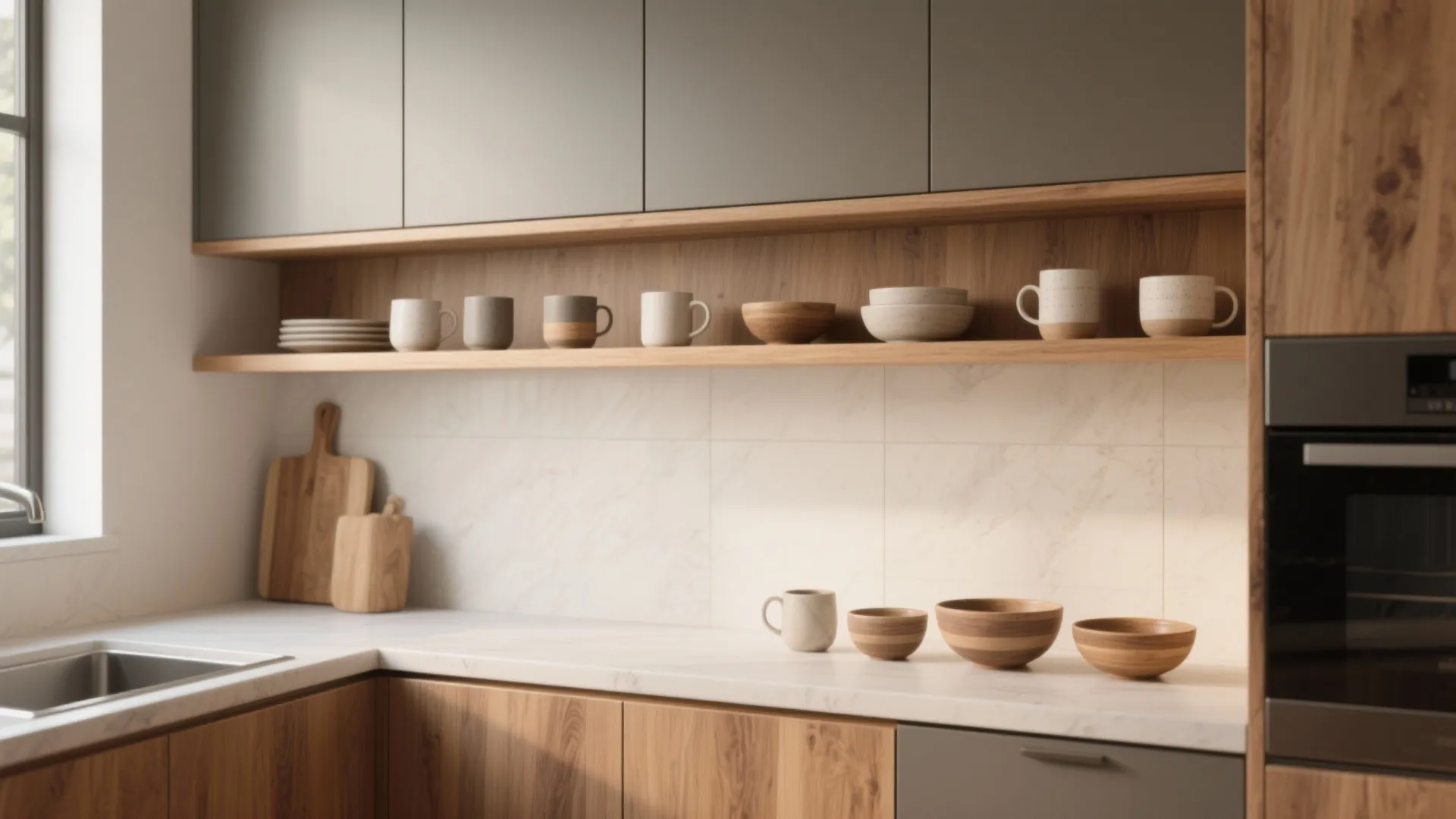 Modern wood kitchen with open shelves holding ceramic cups bowls and plates above marble countertop