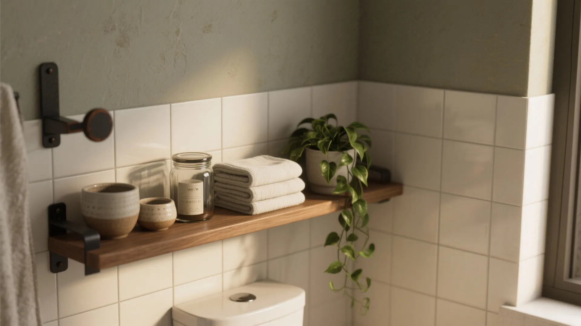 2. Floating Shelves with Plants and Sealed Accessories