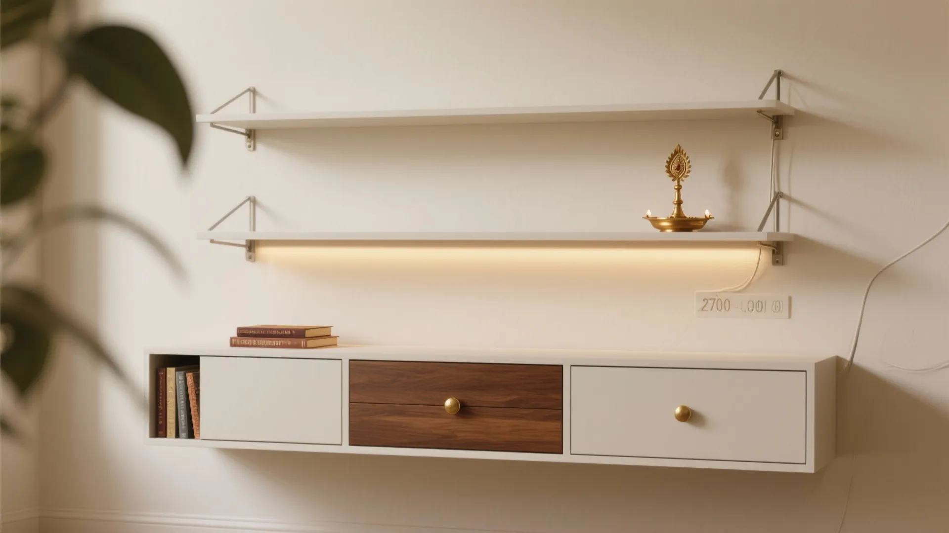 Compact puja wall with floating shelves, concealed drawer storage, and warm LED under-shelf lighting.