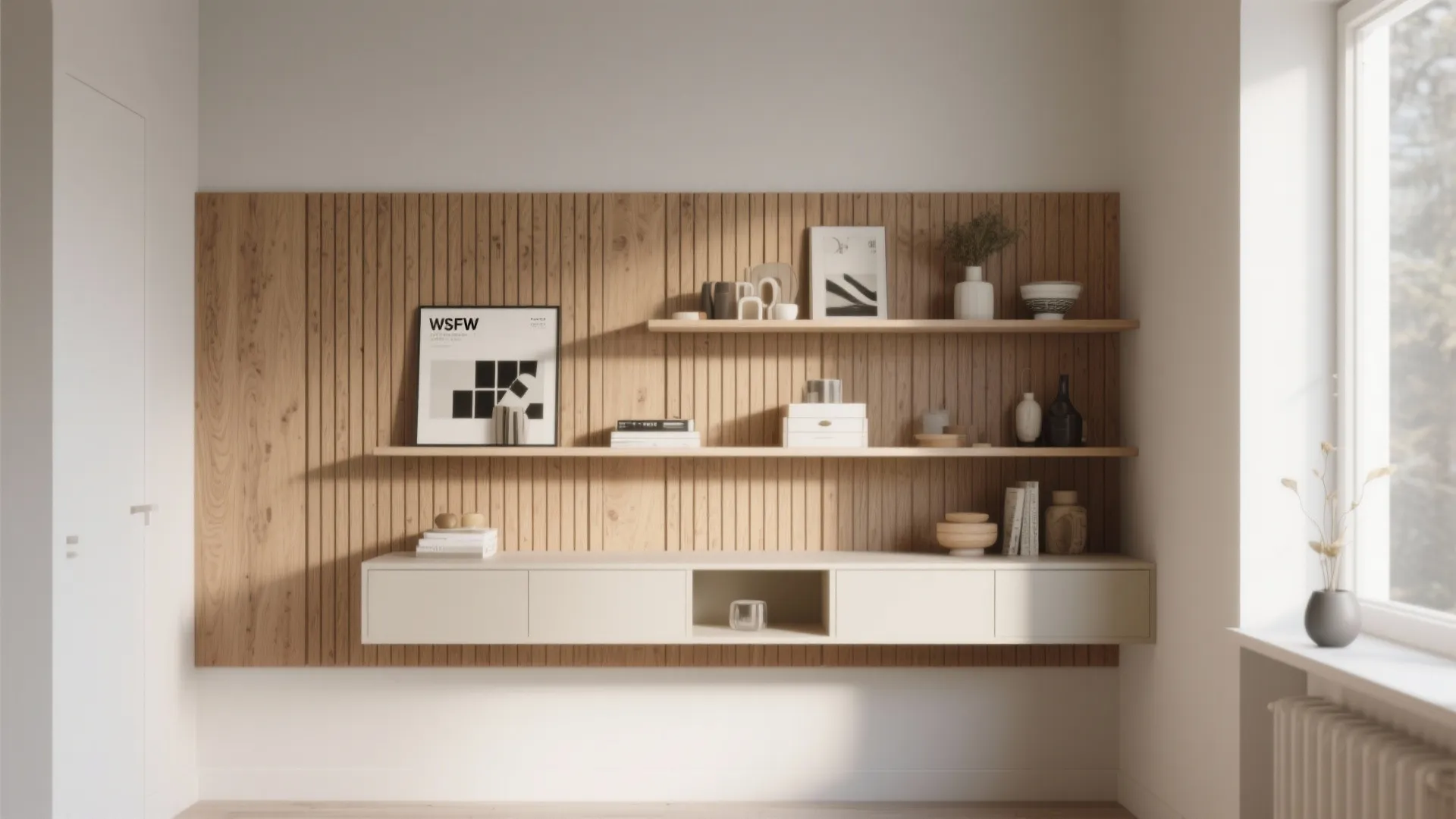 5. Floating Wood Shelves and Accent Panels