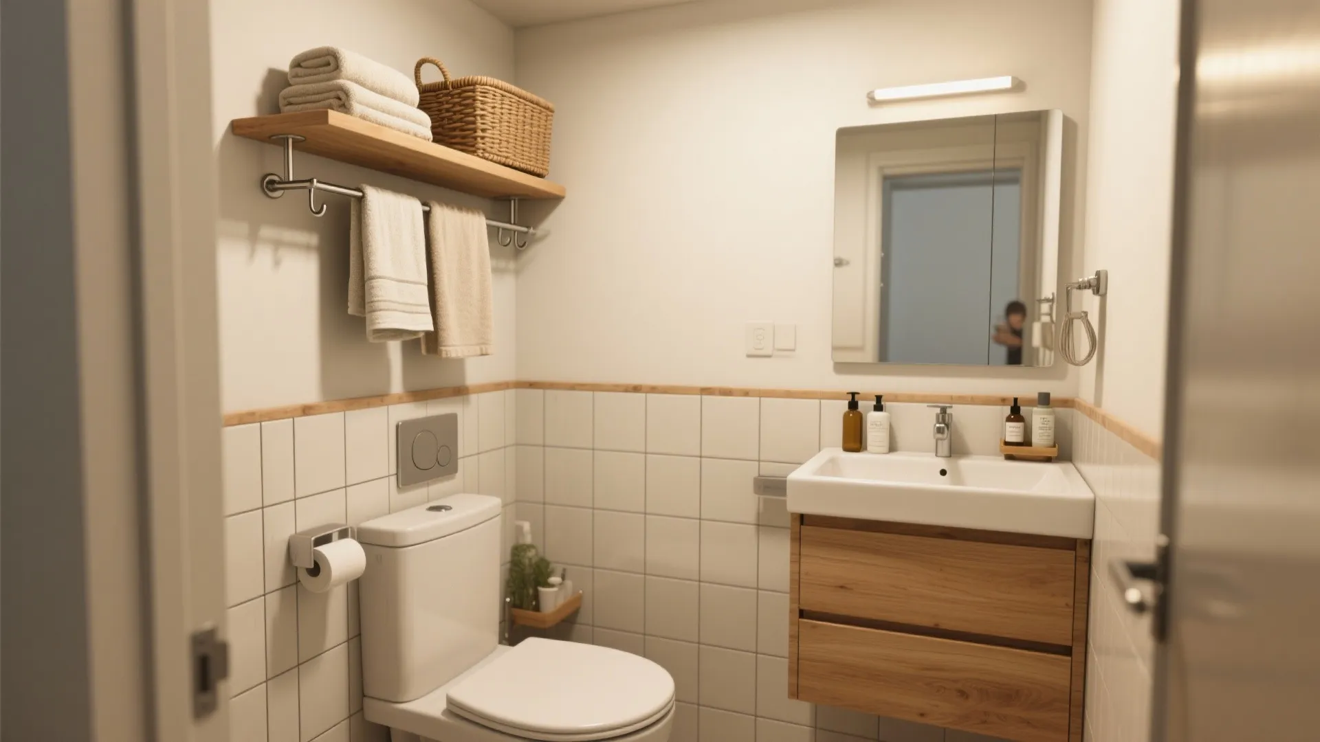 3. Slim floating shelves and rail hooks for tiles too