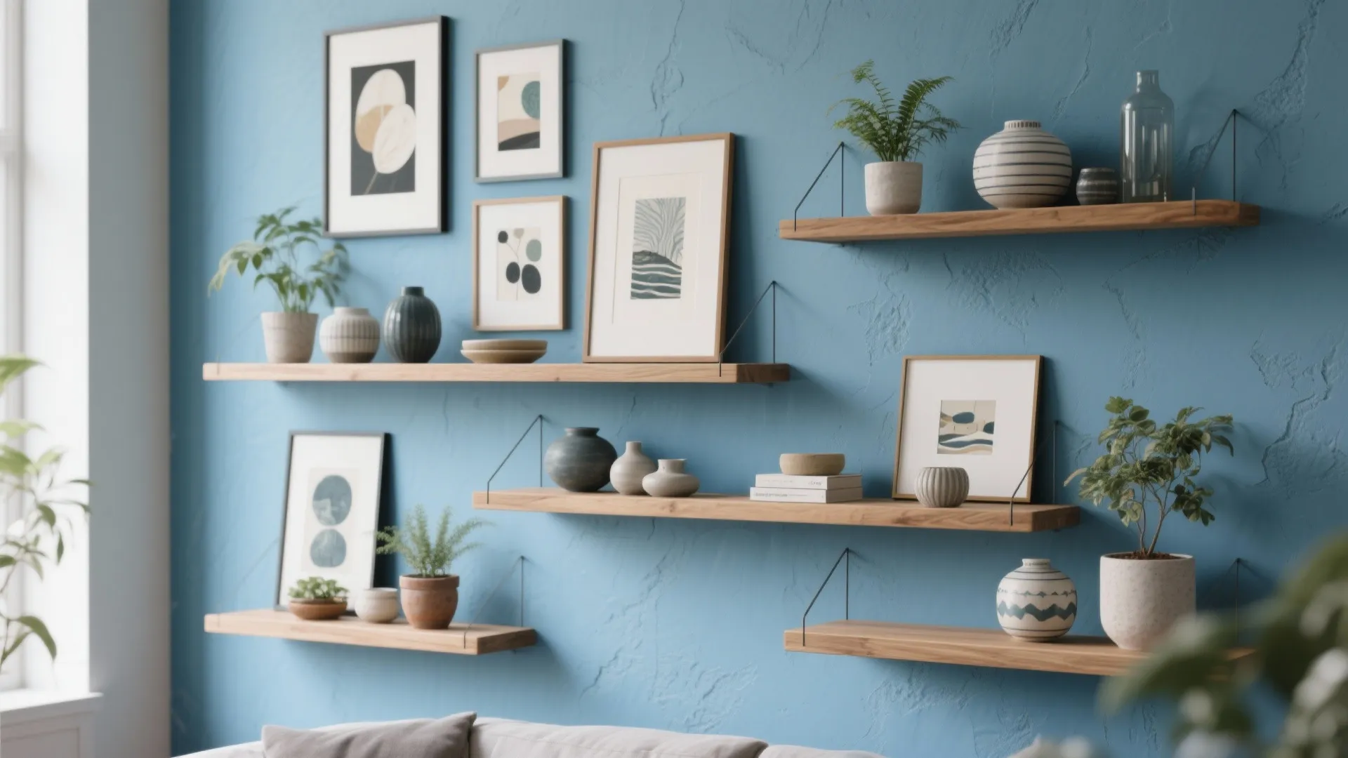 5. Floating Shelves with Rotating Art
