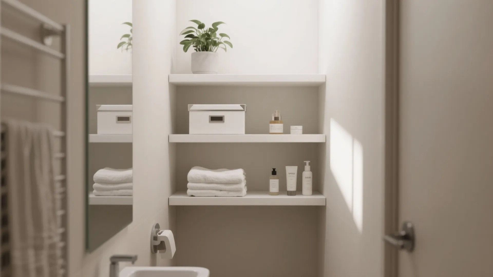 3. White floating shelves and storage boxes