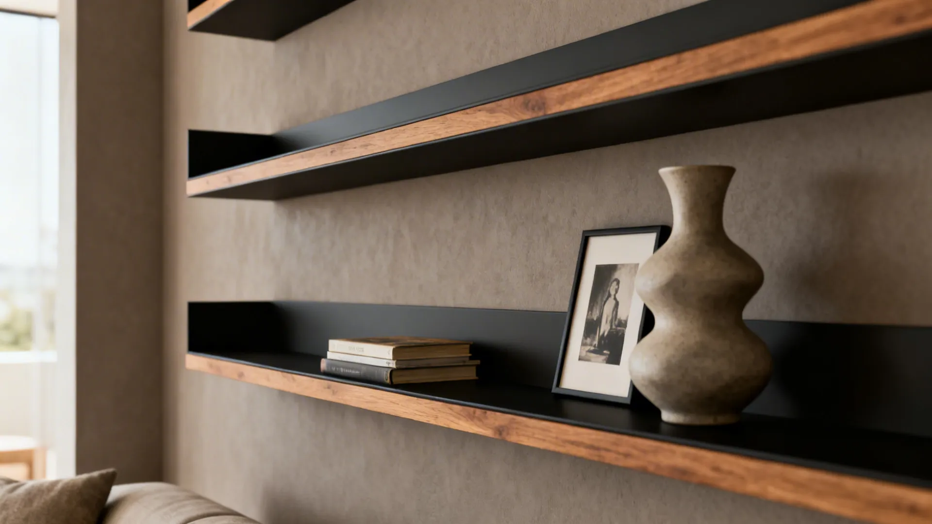 Staggered floating shelves with a vase, books and framed photo on a warm-grey wall