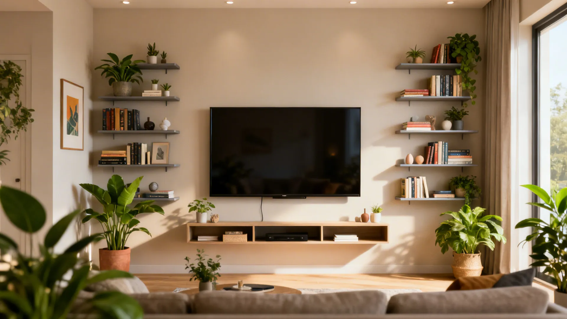 2. Floating shelves and layered decor