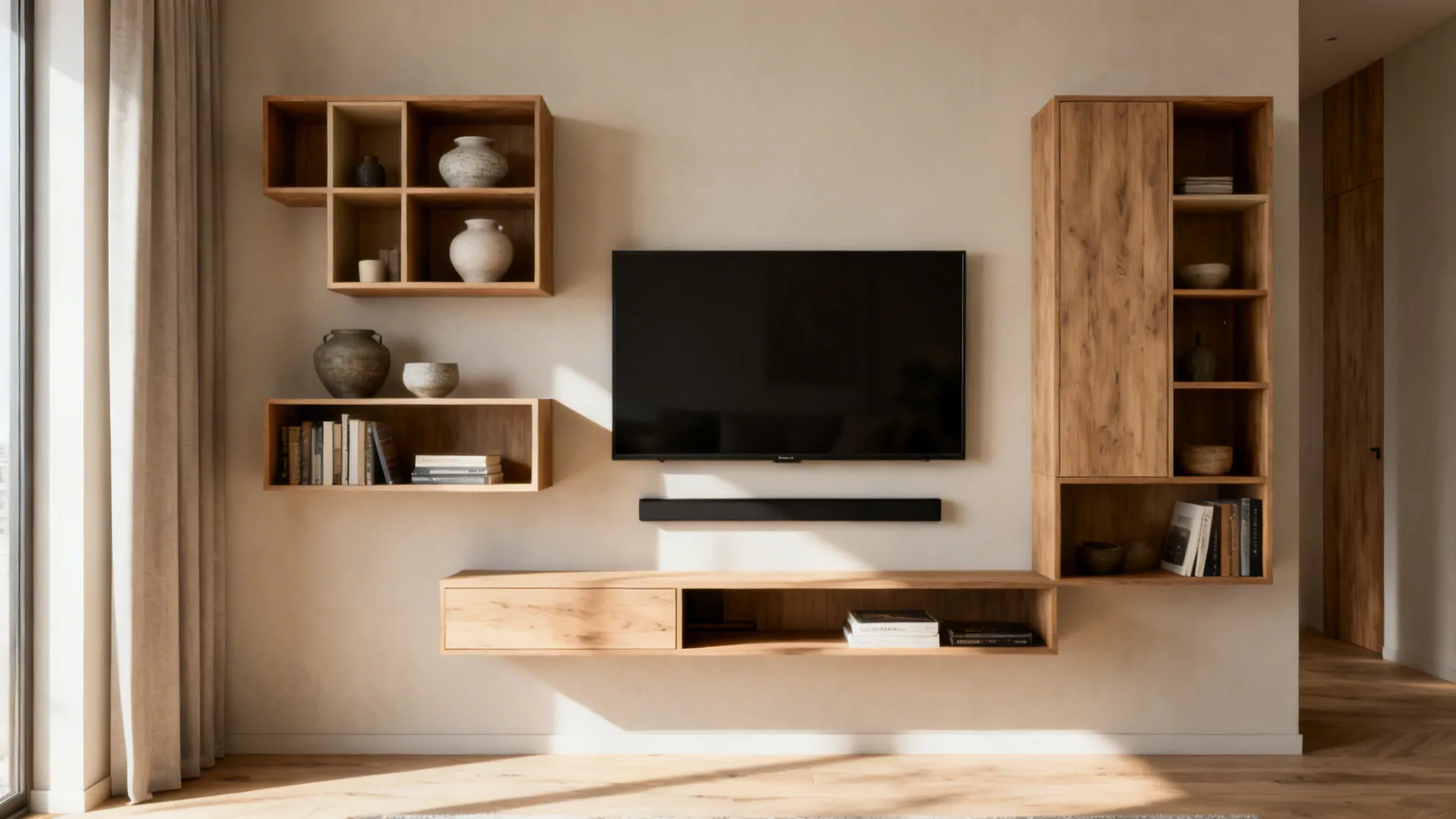 Asymmetrical floating shelves and slim wall-mounted console in a small living room