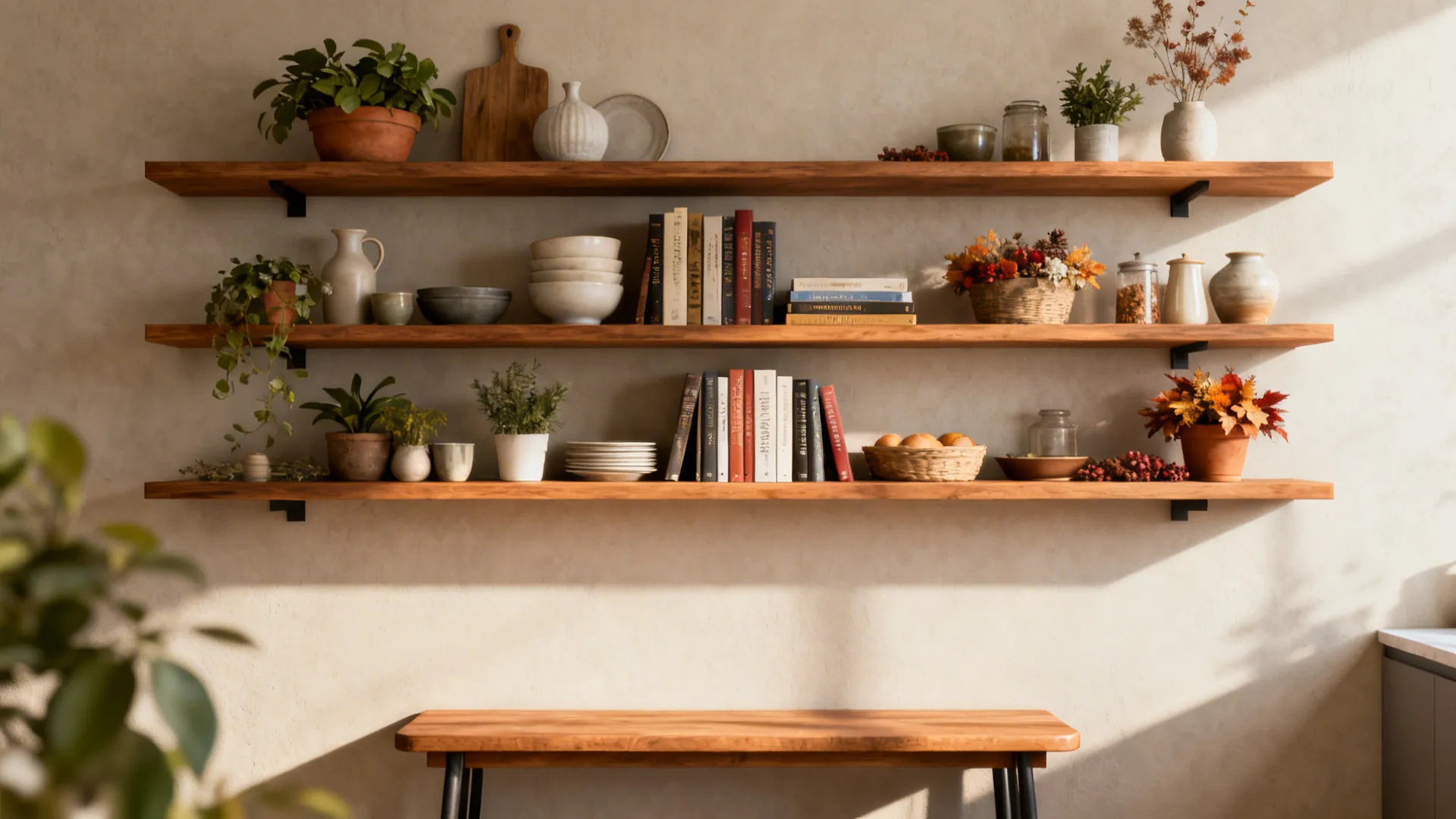 Floating shelves styled with ceramics, plants, and books above a dining seating area