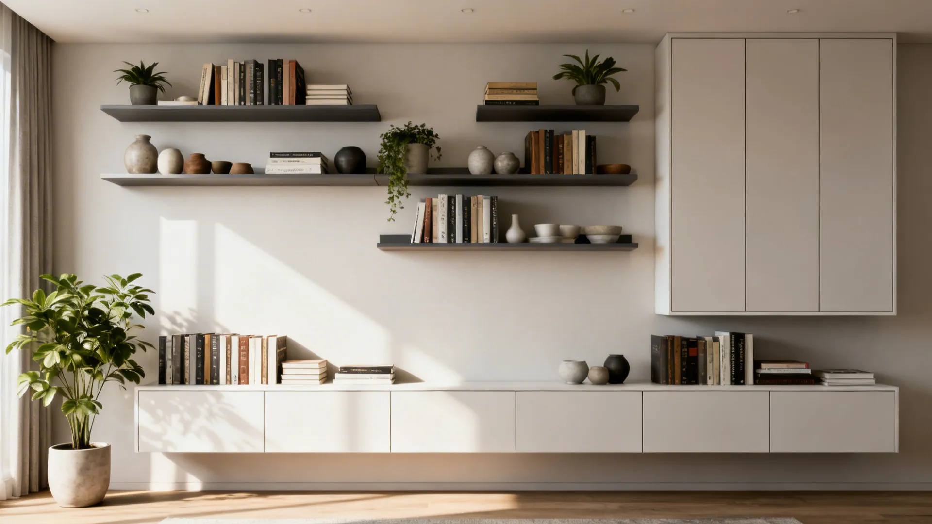 Floating shelves and wall-mounted cabinets styled with books and ceramics in a small modern living room