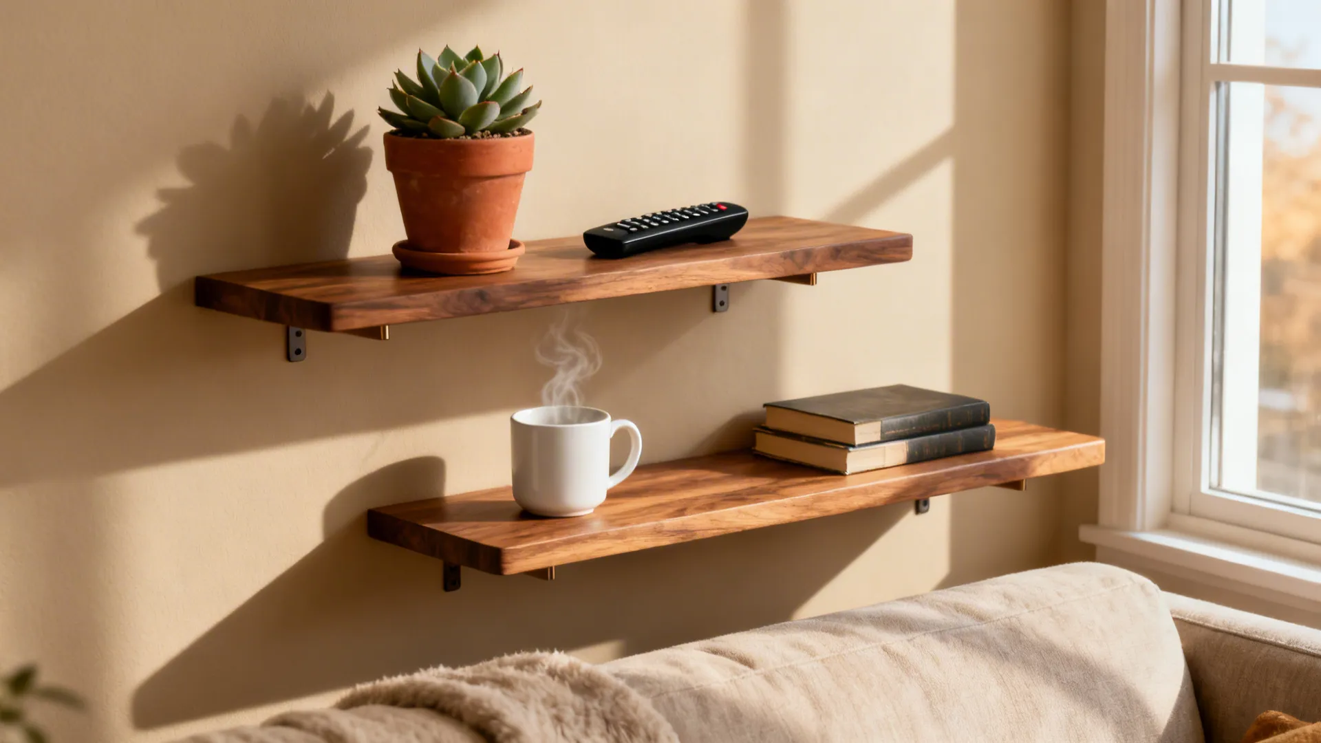 Staggered floating shelves at seating height holding a plant and cup beside a sofa.