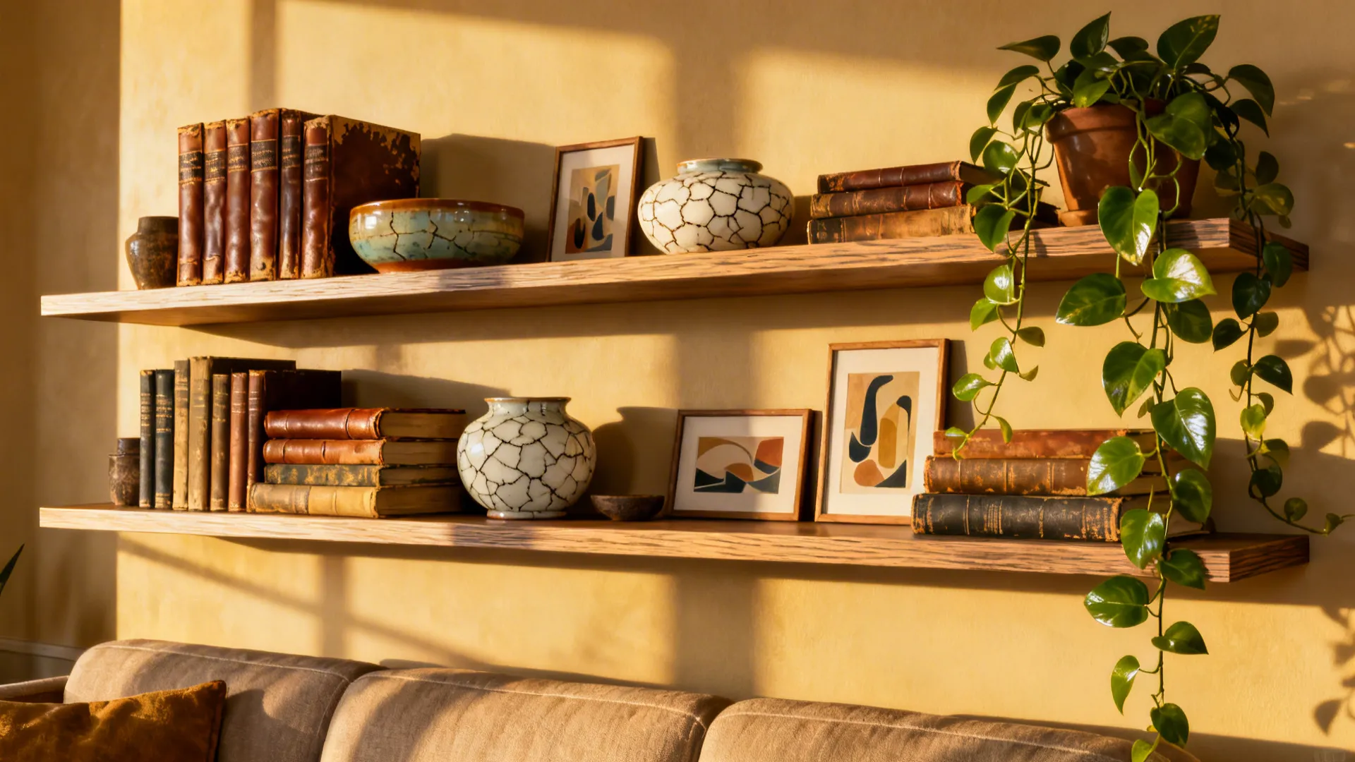 Floating shelves above a couch with layered books, ceramics, and plants for a lived-in look.