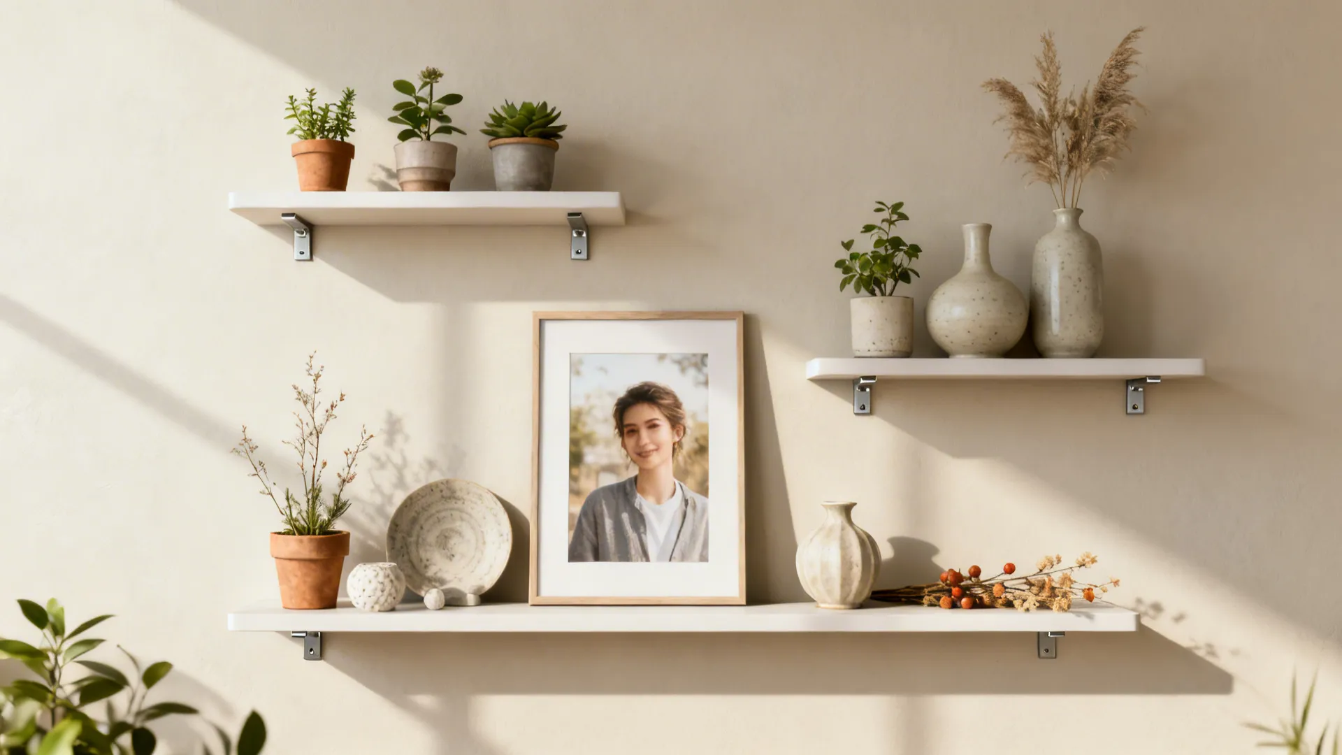 White wall shelves holding small green plants plus a framed picture and vases under natural sunlight