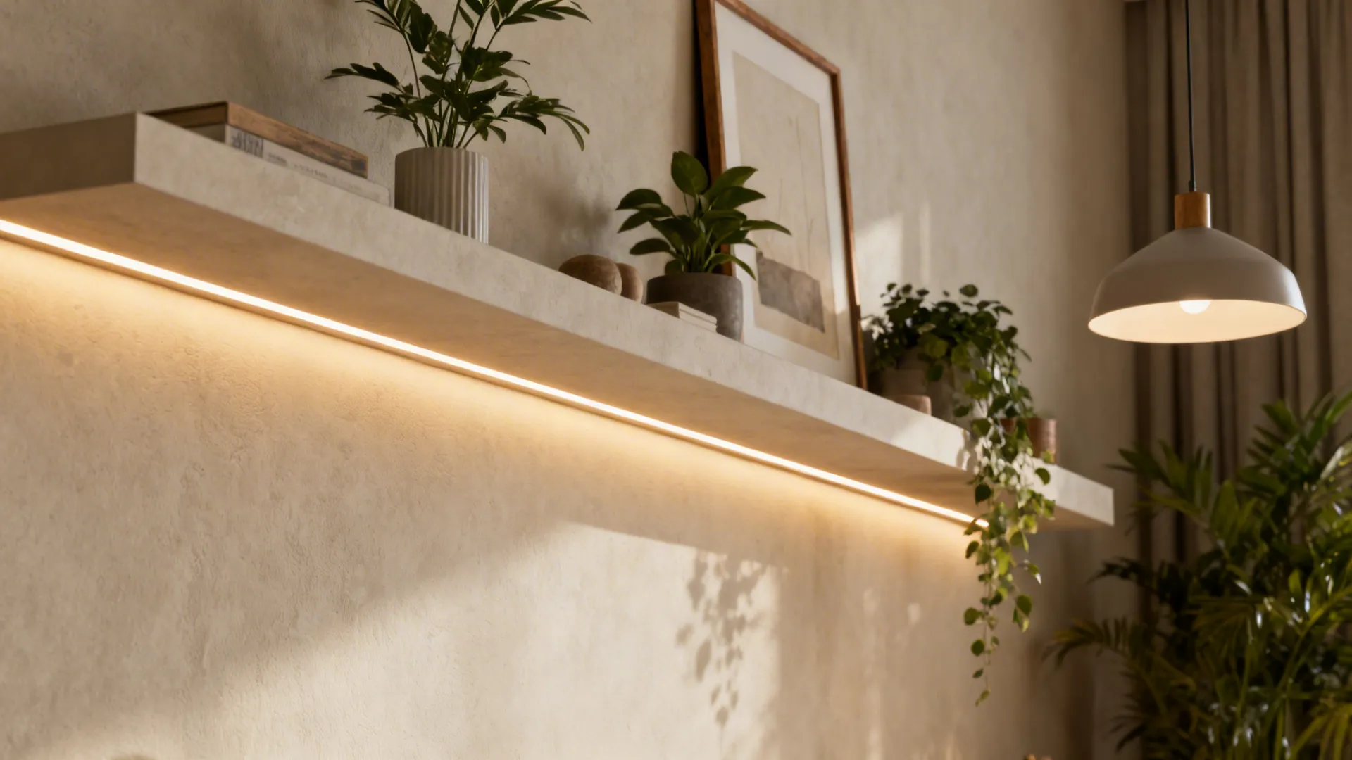 Floating shelves with LED strip lighting, plants and framed art on a neutral wall.