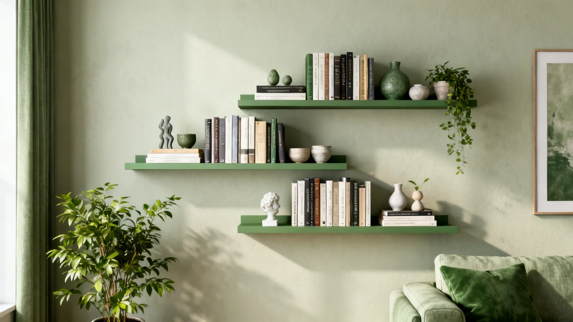 Floating shelves on an accent wall layered with books, plants, and small decorative objects in a small living room.
