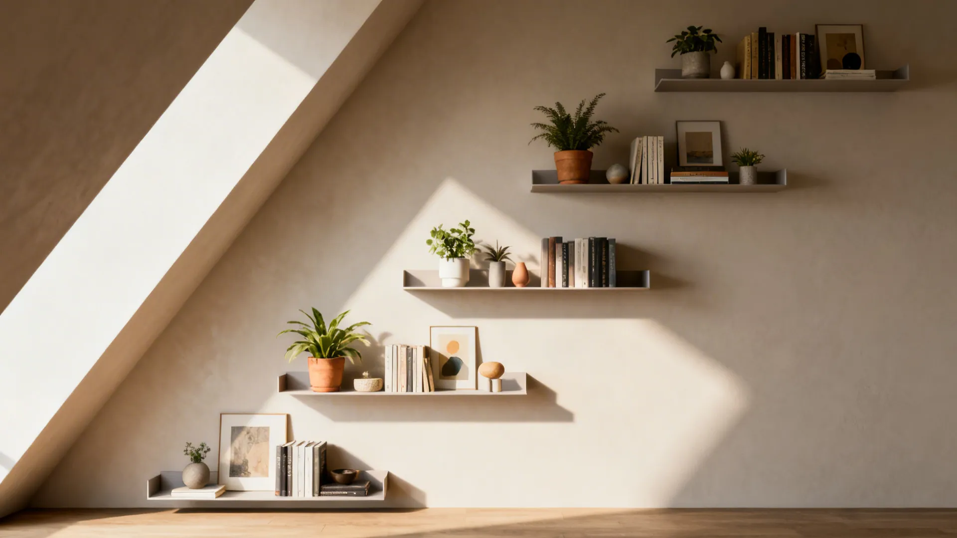 Staggered floating shelves following an angled wall holding plants, books, and curated items.