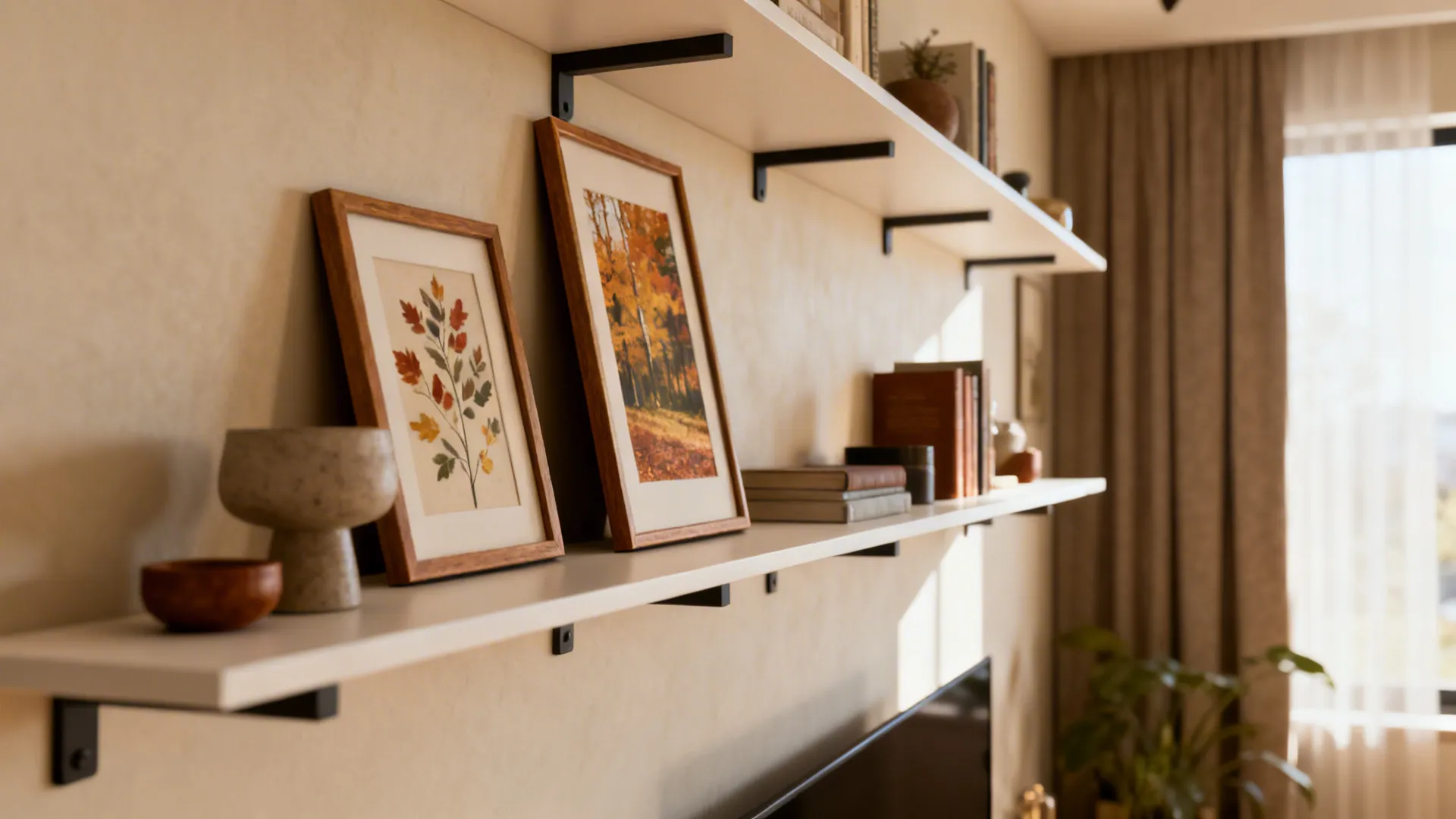 Floating shelves with leaning frames and small decor in a cozy living room.
