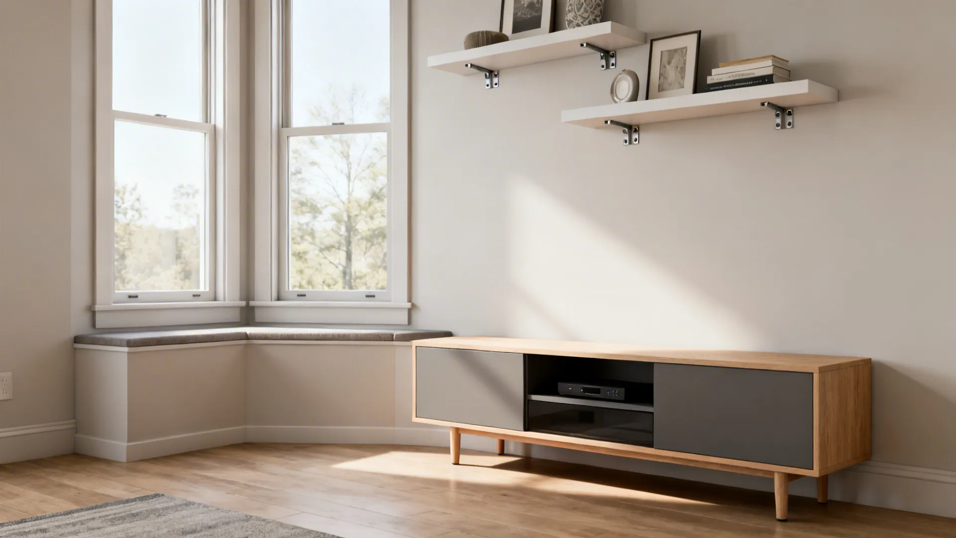 Modern living room corner featuring wooden cabinet floating white shelves window bench and bright natural light