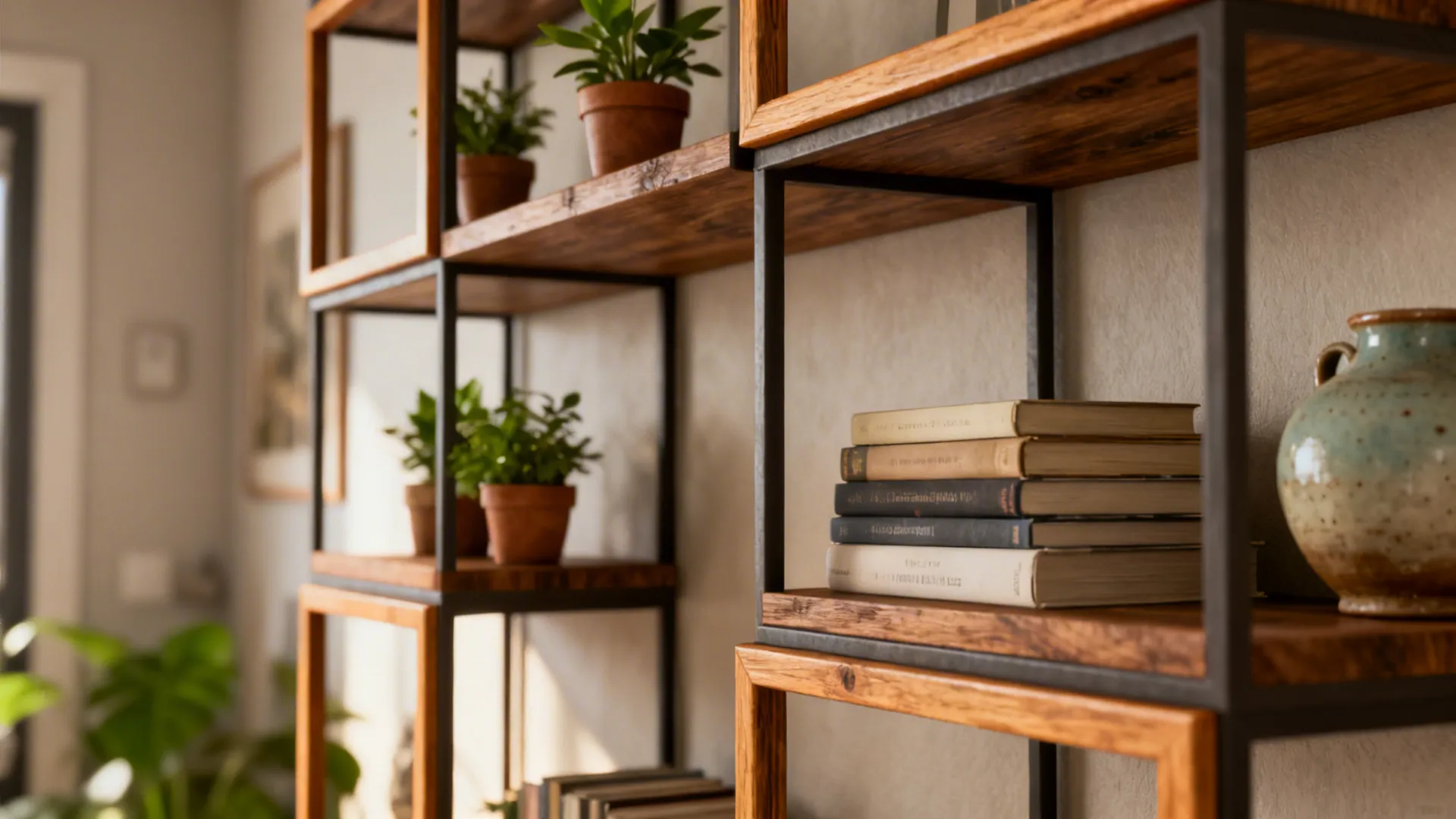 Staggered floating shelves with frames, plants, books, and pottery in a tiny apartment.