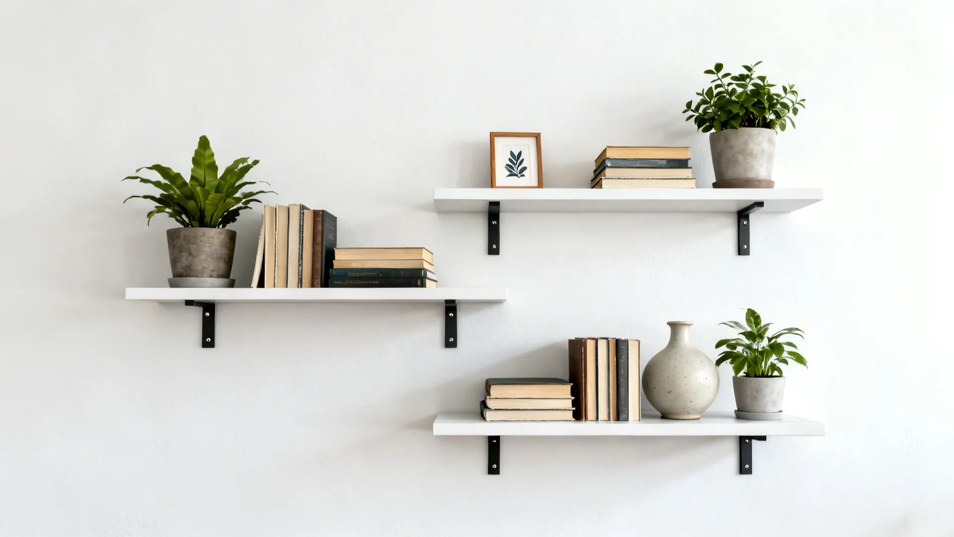 Slim floating shelves on a white wall with curated plants, books and ceramics