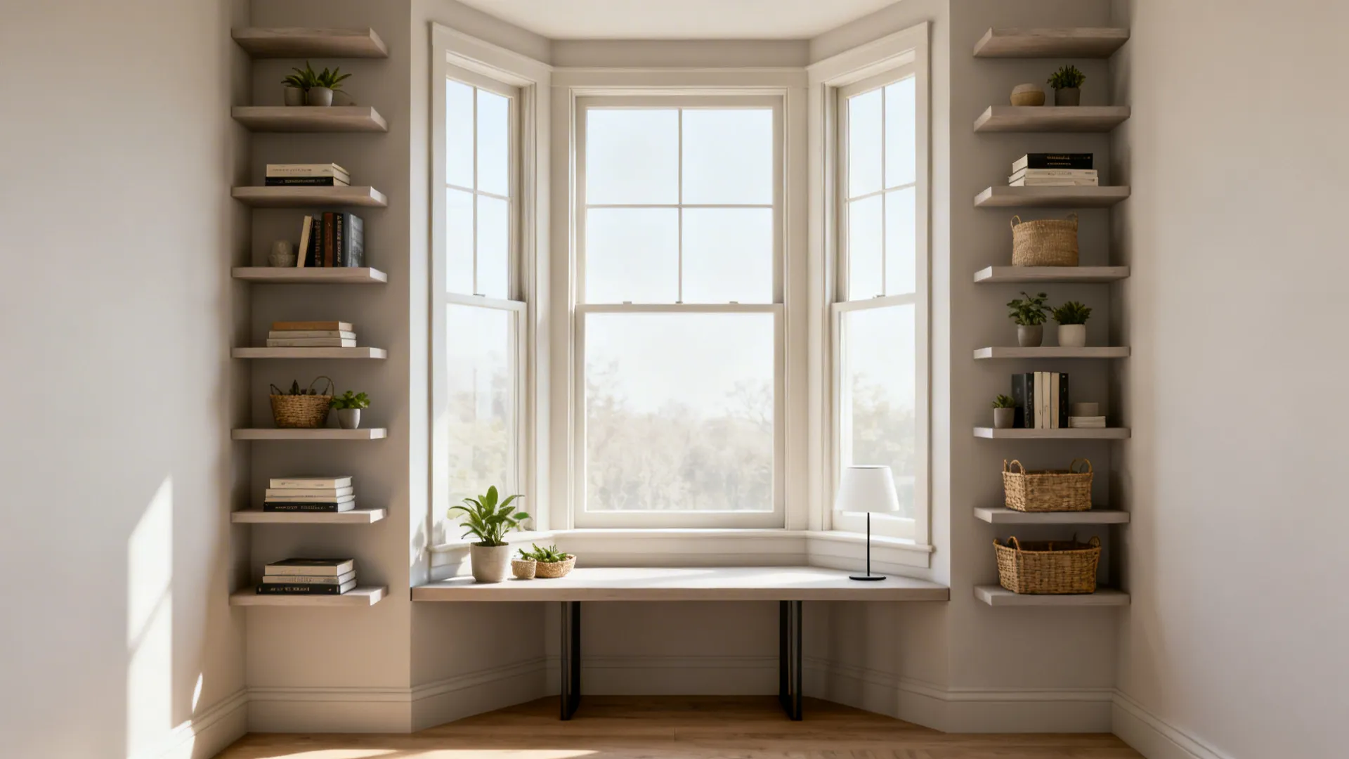 Staggered floating shelves and a slim console beside a bay window with styled decor.