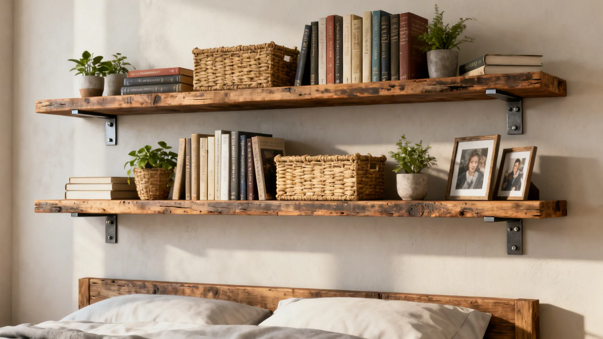Floating reclaimed wood shelves with hidden brackets holding baskets, books, and plants