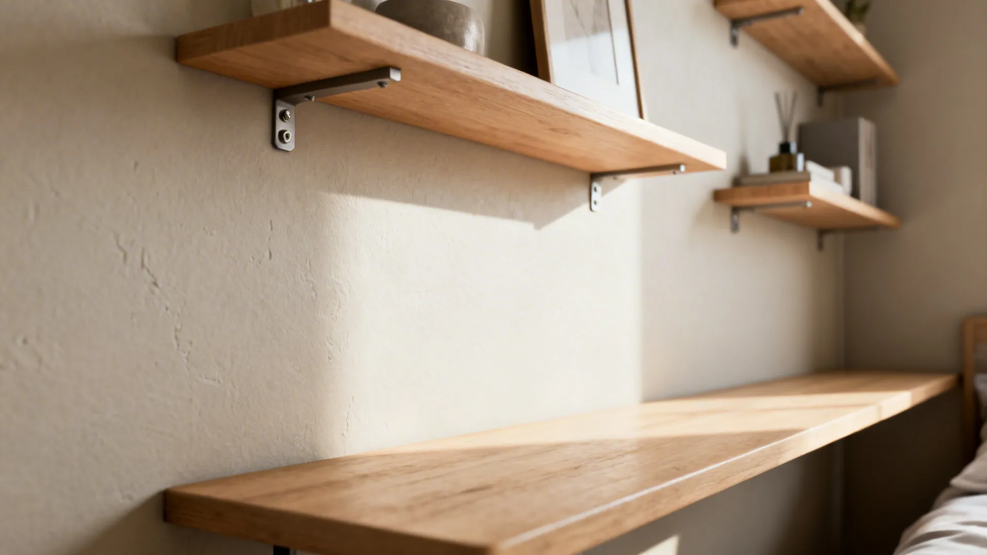 Floating shelves and a wall-mounted table with visible anchors and minimal decor in a small bedroom.