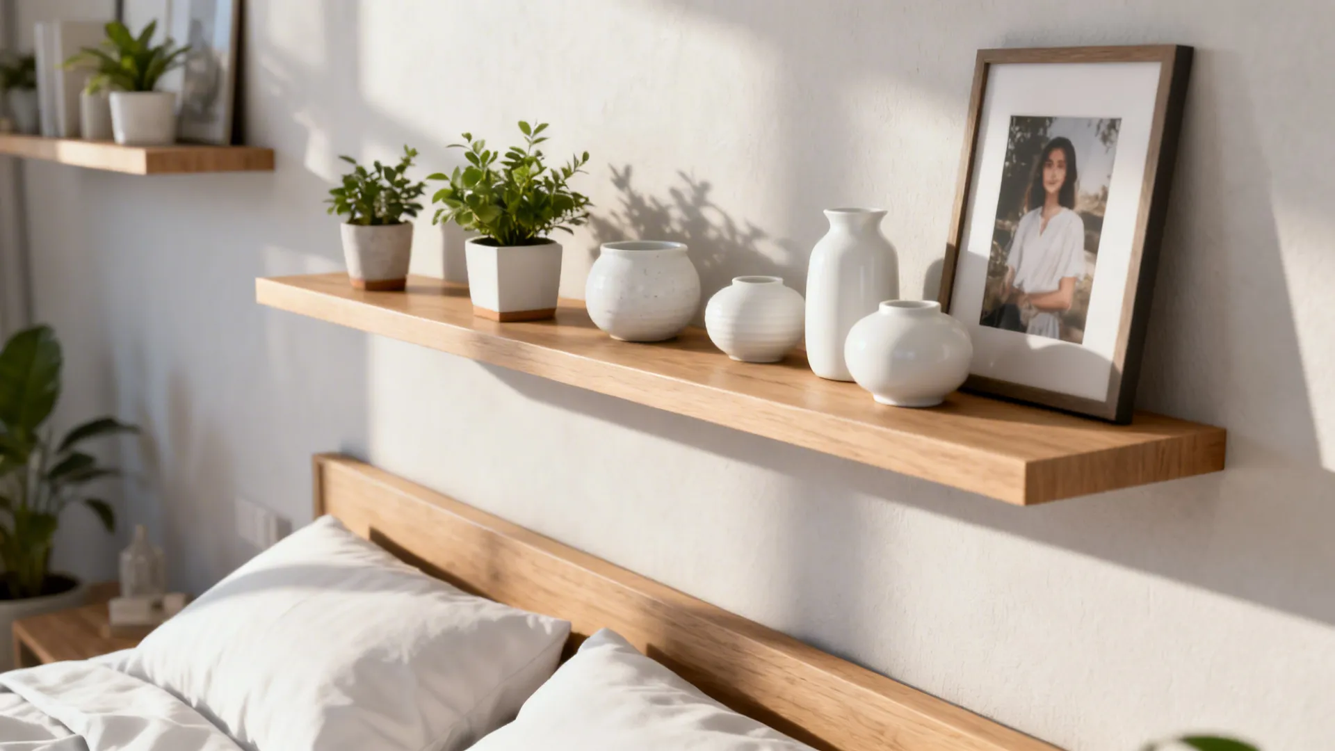 Shallow floating shelves above a bed displaying plants, ceramics, and framed photos.