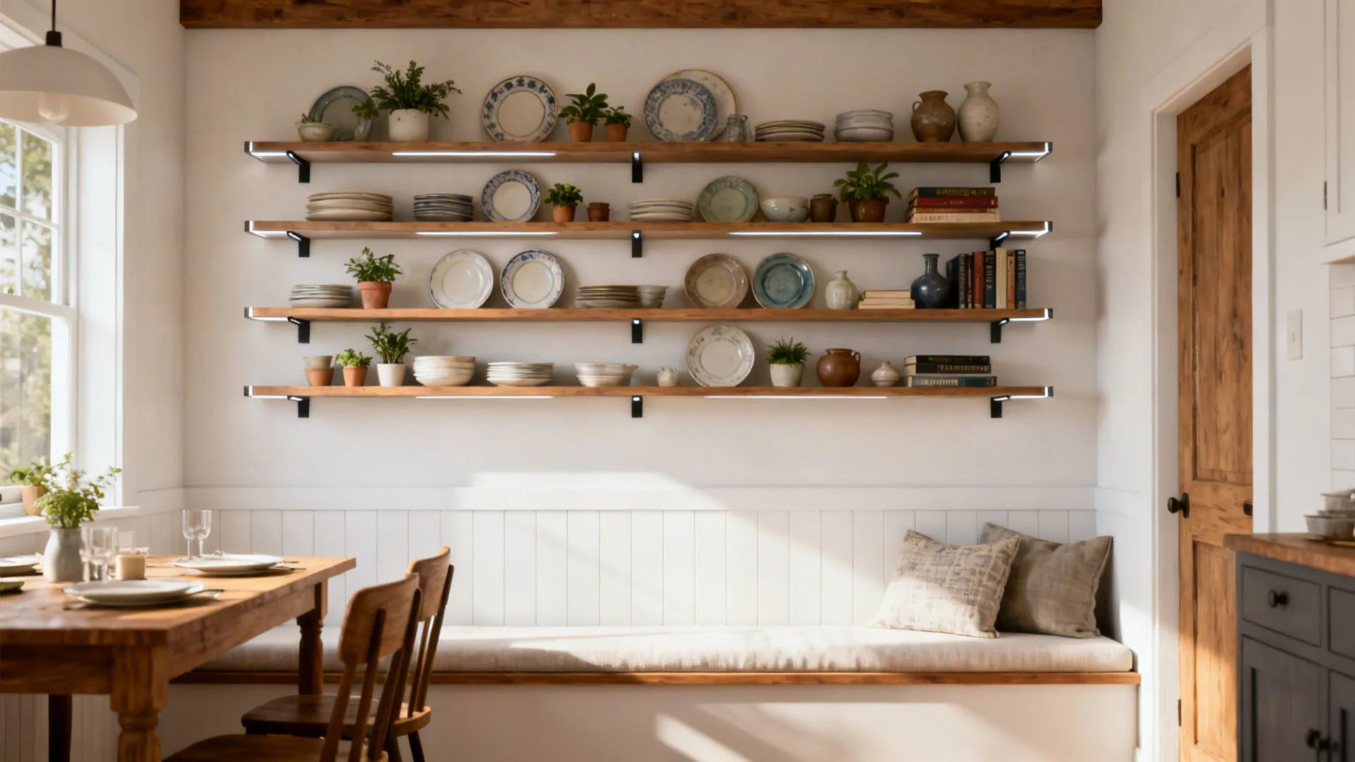 Staggered floating shelves over a bench holding plates, plants and ceramics in a small dining area.