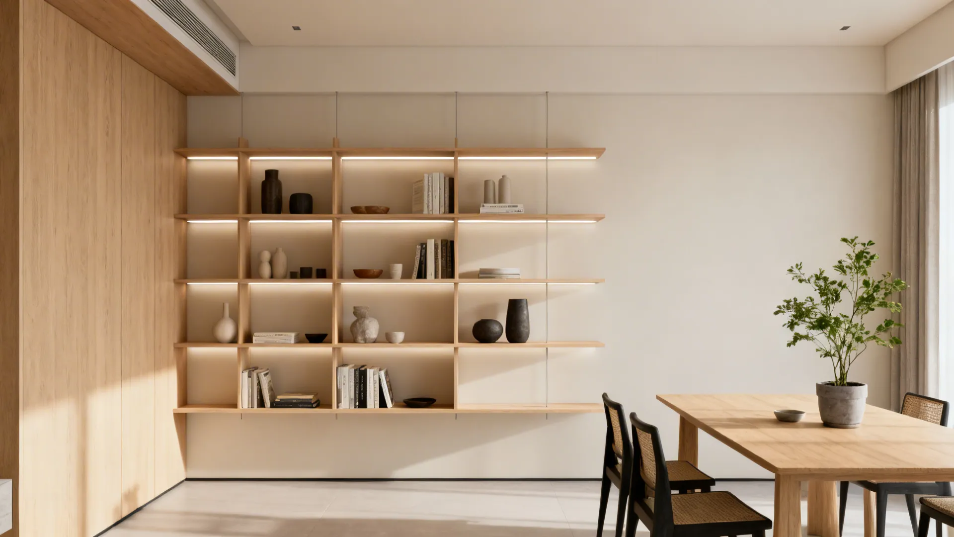 Floating open shelving extending the living area into the dining corner with curated decor.