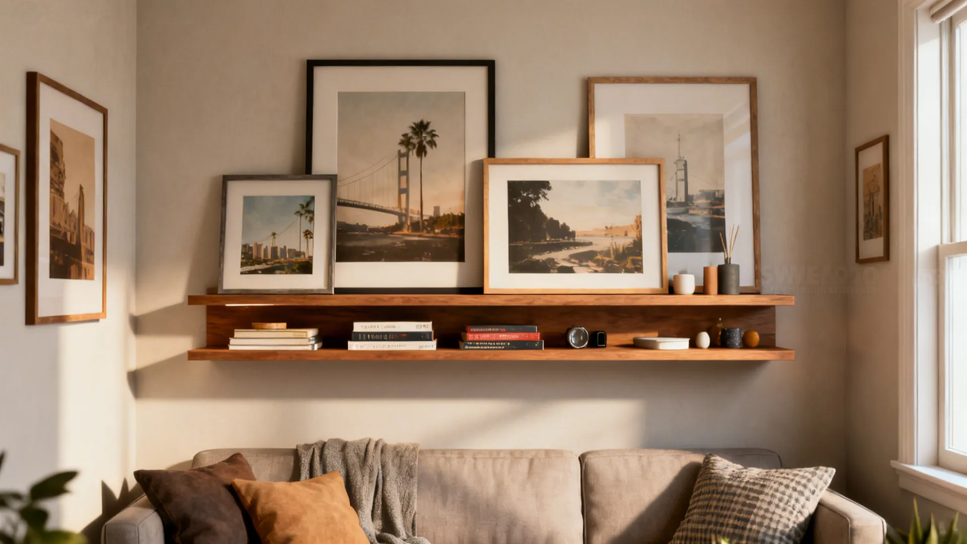 Wooden wall shelf holding various picture frames and books above a beige living room sofa