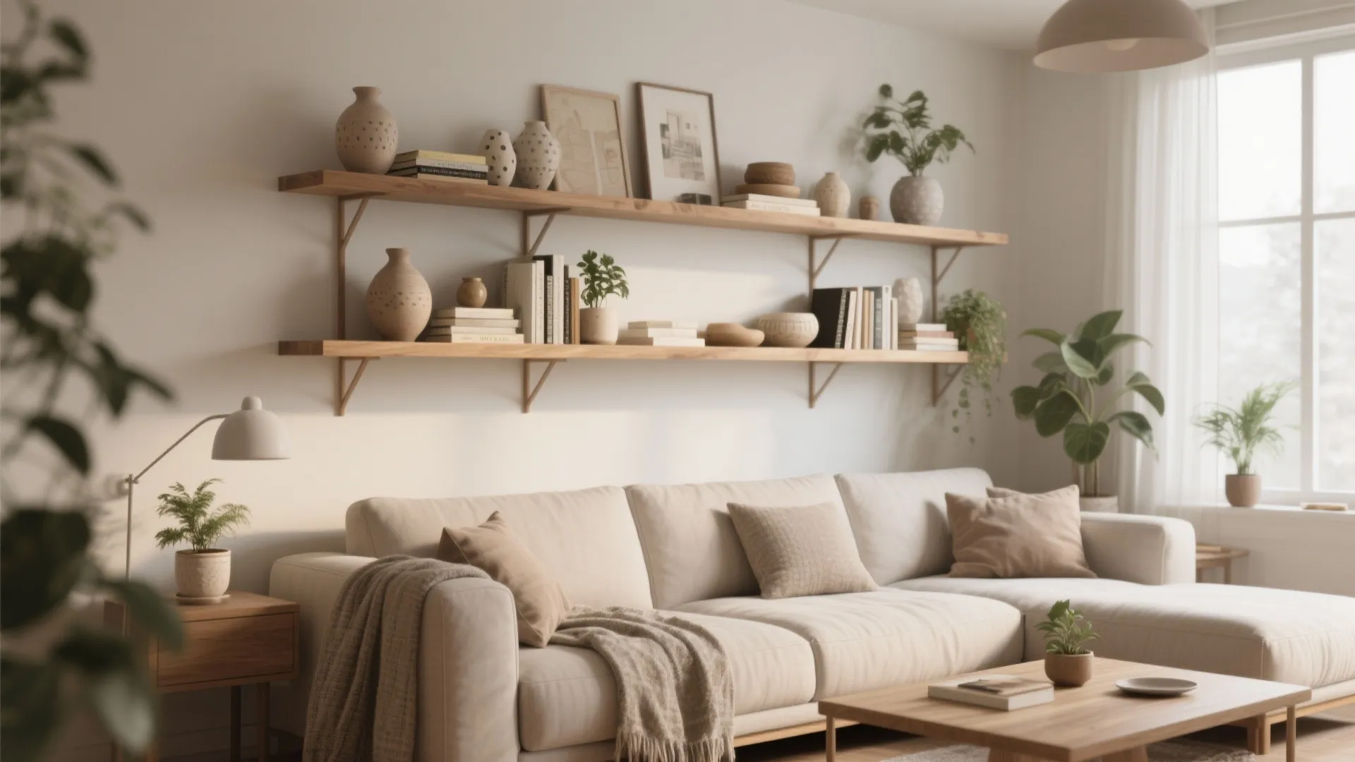 Bright living room with wooden floating shelves above a beige sofa displaying books and small plants
