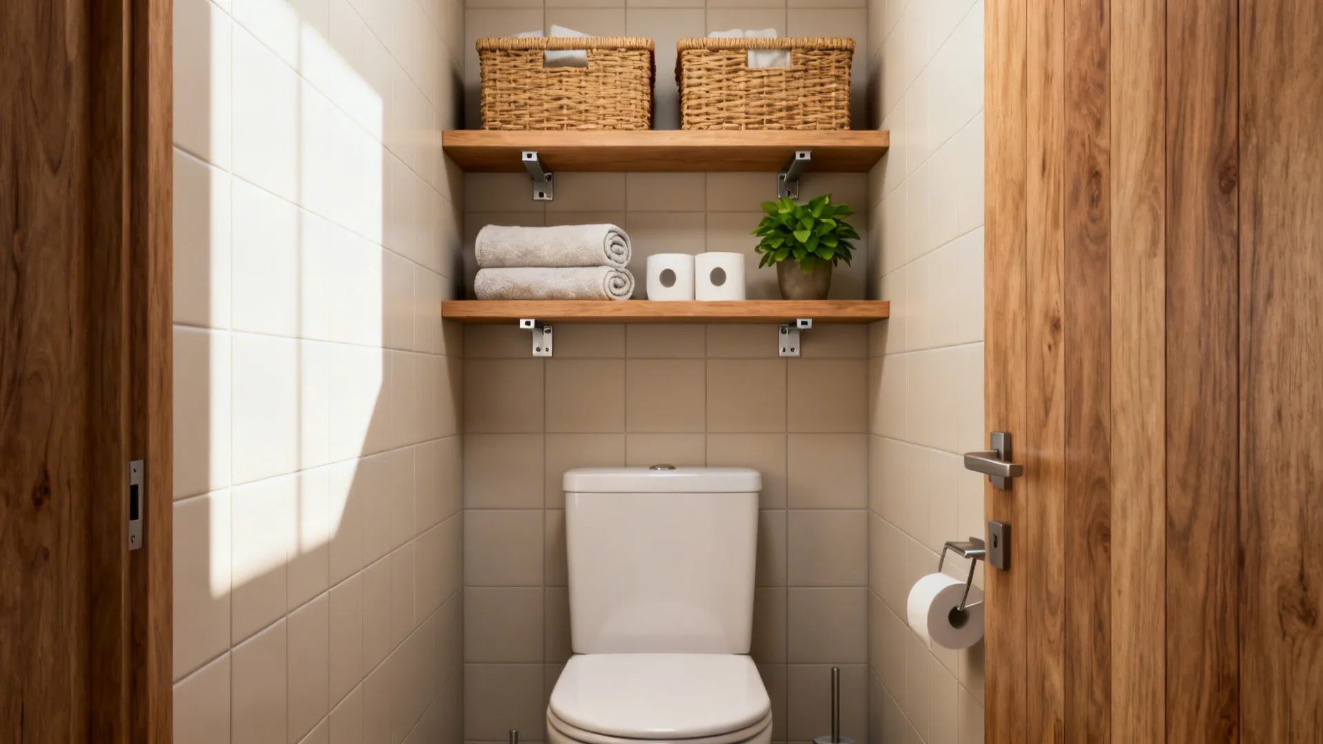 Small bathroom with wooden wall shelves above white toilet holding storage baskets towels and plant