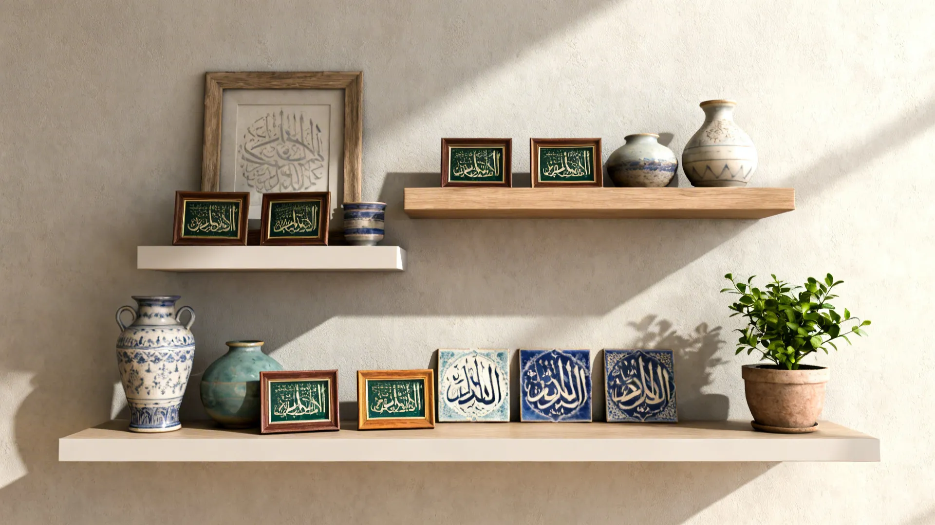 Floating shelves with framed Qur'anic verse accents, ceramics and plants in a balanced composition.