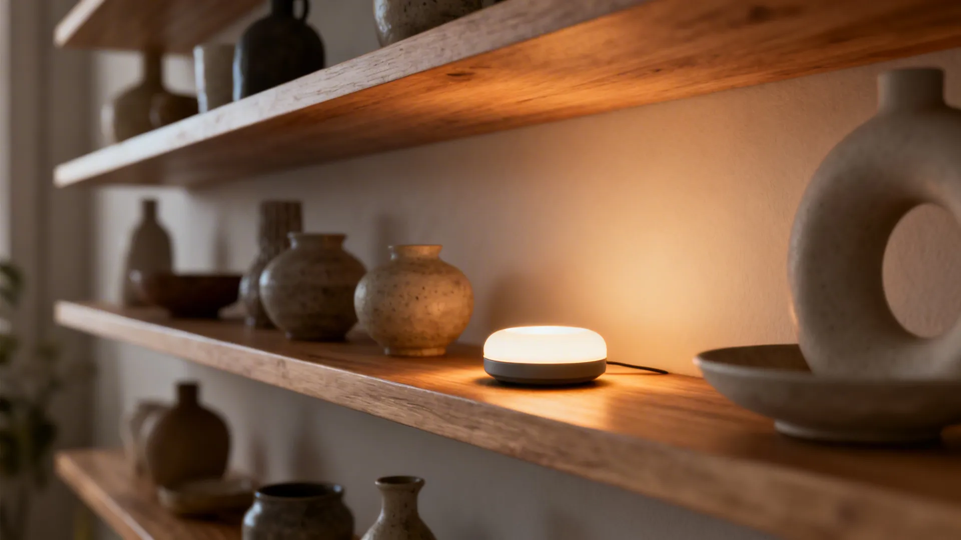 Floating shelves lit by a small puck wireless lamp creating warm ambient glow and highlighting decor.