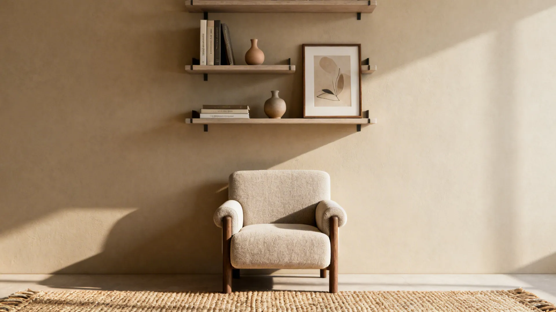 Floating shelves styled with three items above a compact armchair in a cozy corner.