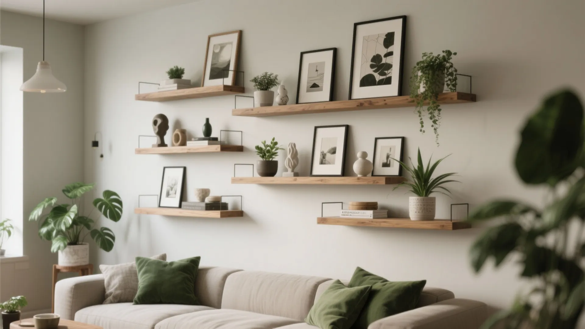 6. Floating Shelves with Leaning Art
