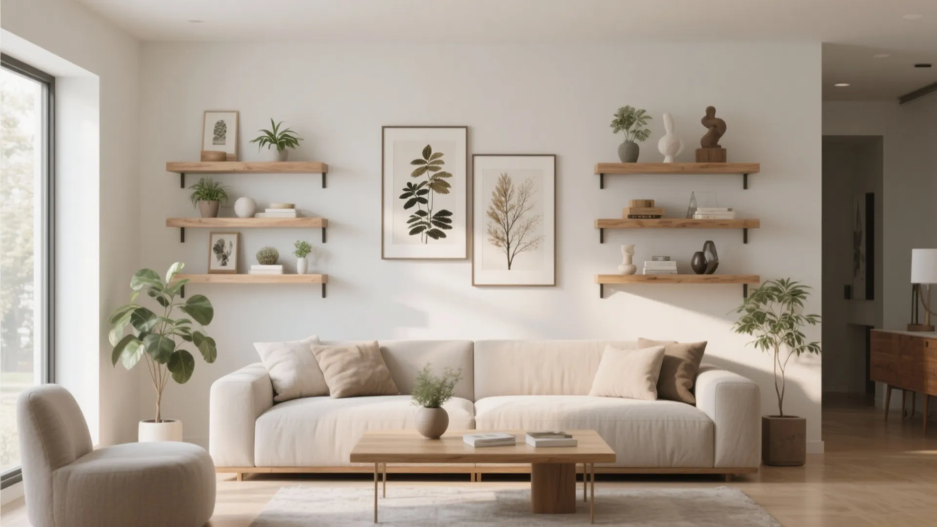 4. Floating Shelves with Rotating Art