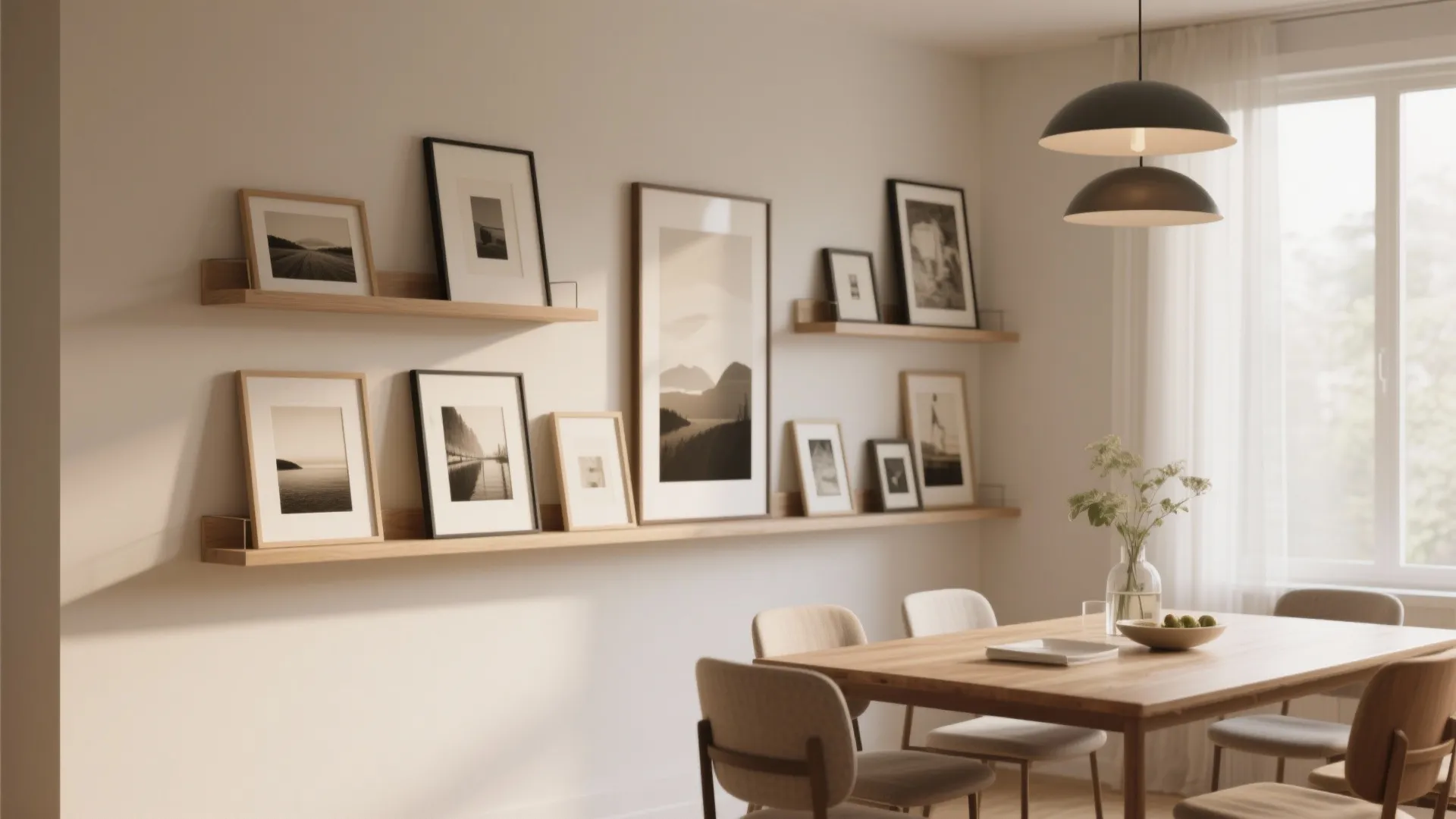 Dining room with wooden table and long wooden shelves displaying several framed black white photos