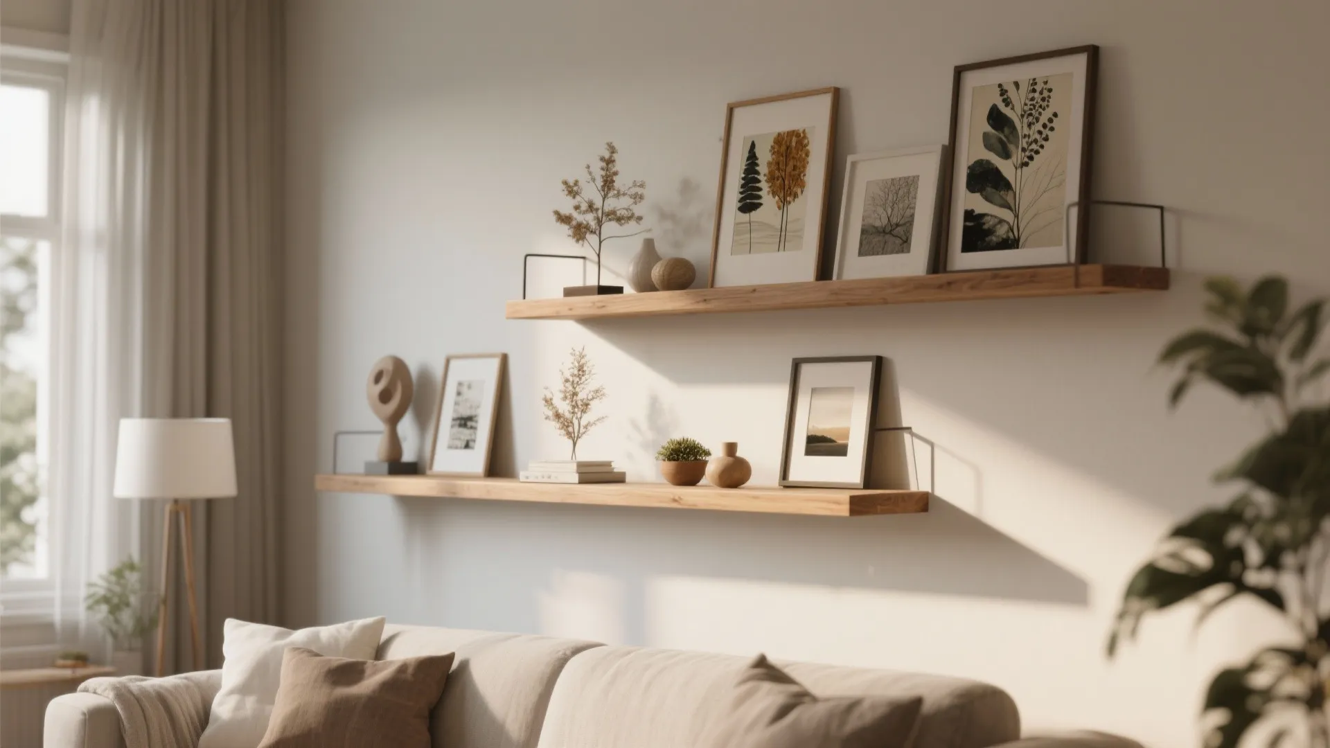 Floating shelves with rotating framed art and decor