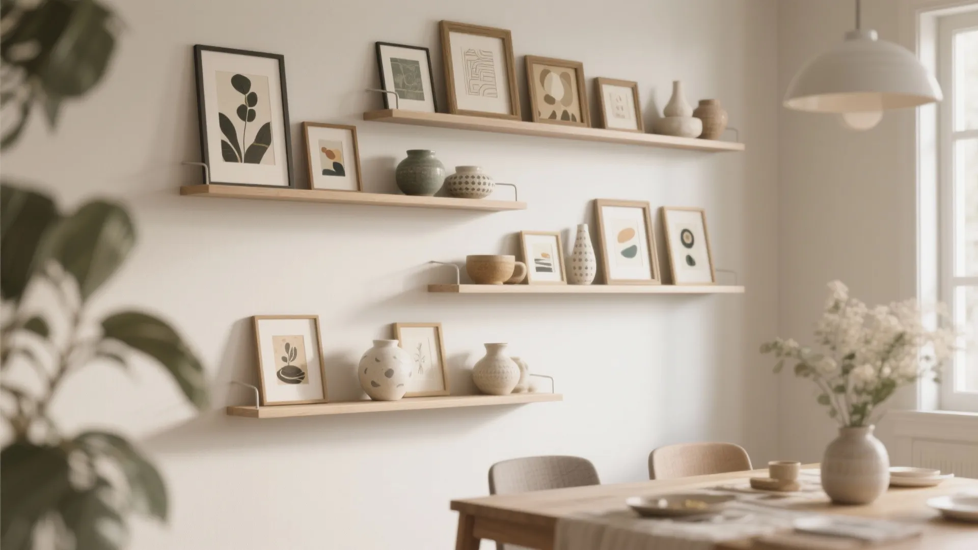 Minimalist dining area with wooden floating shelves holding framed art small vases and white ceiling light