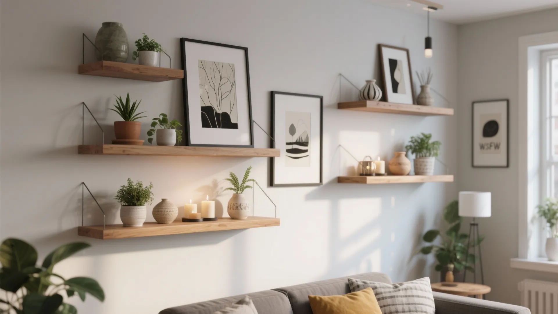 Floating shelves with art mix