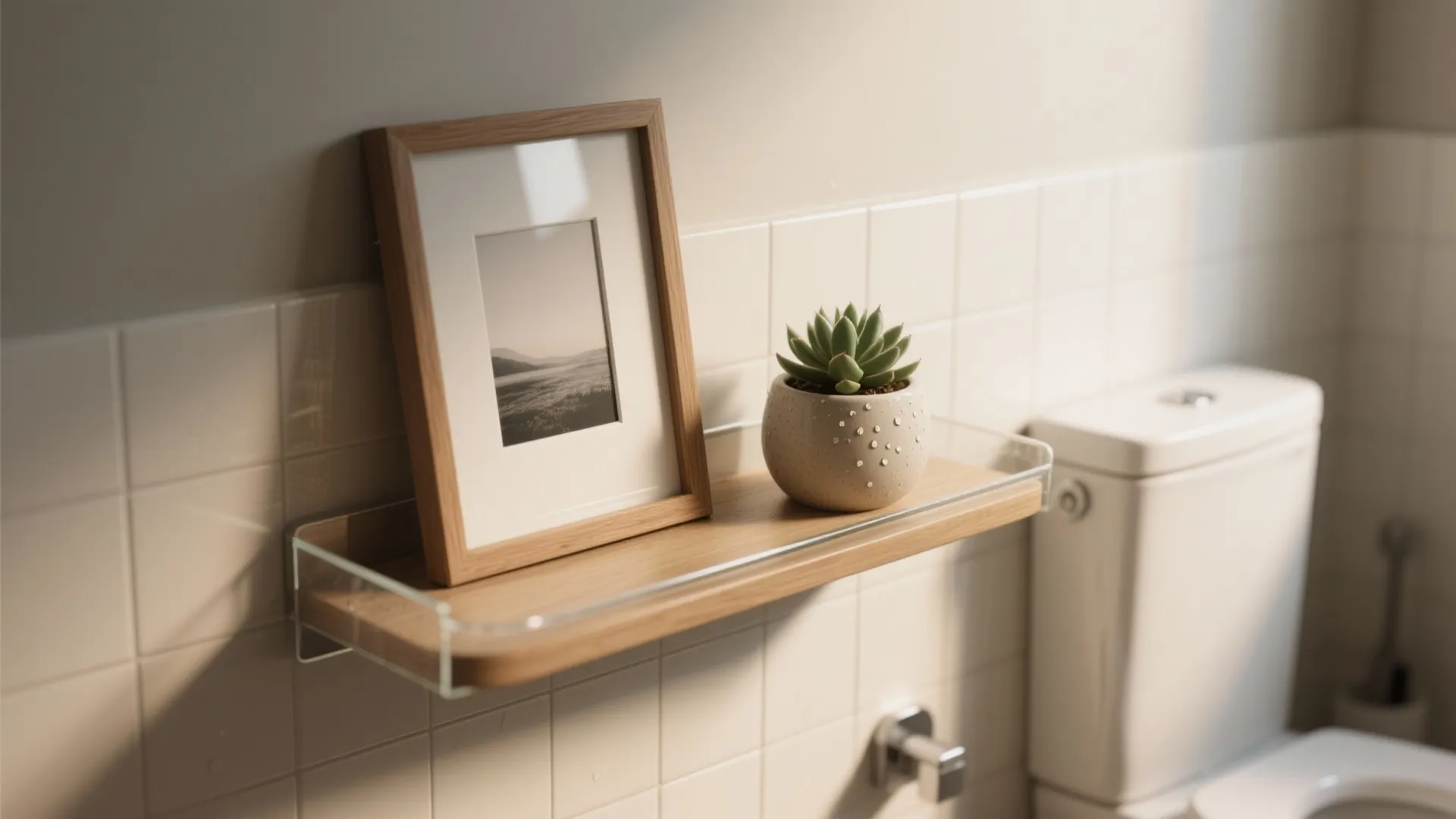 1. Slim floating shelves with layered art