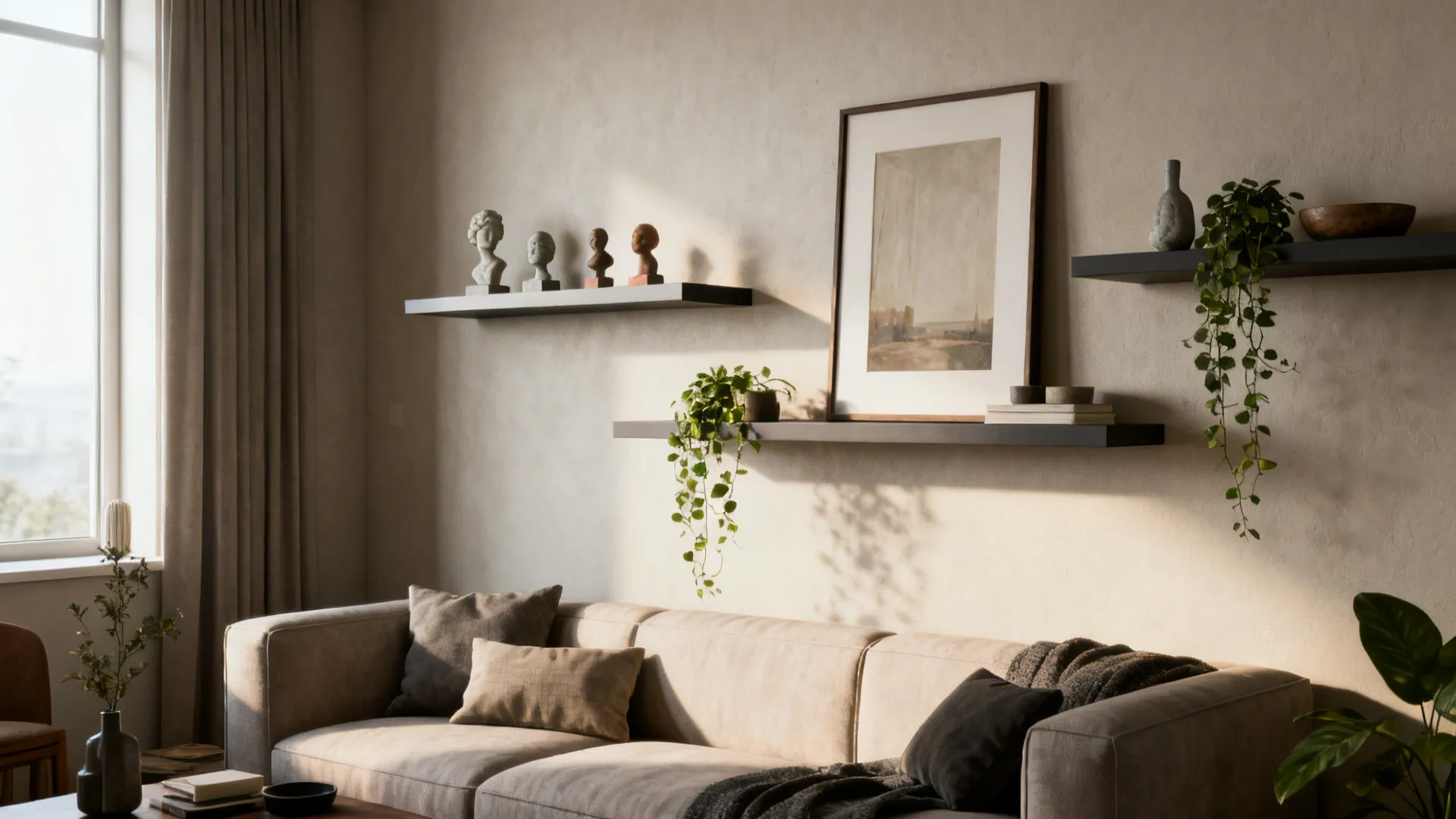 Floating shelves with art, sculptures and trailing plants on a small living room wall