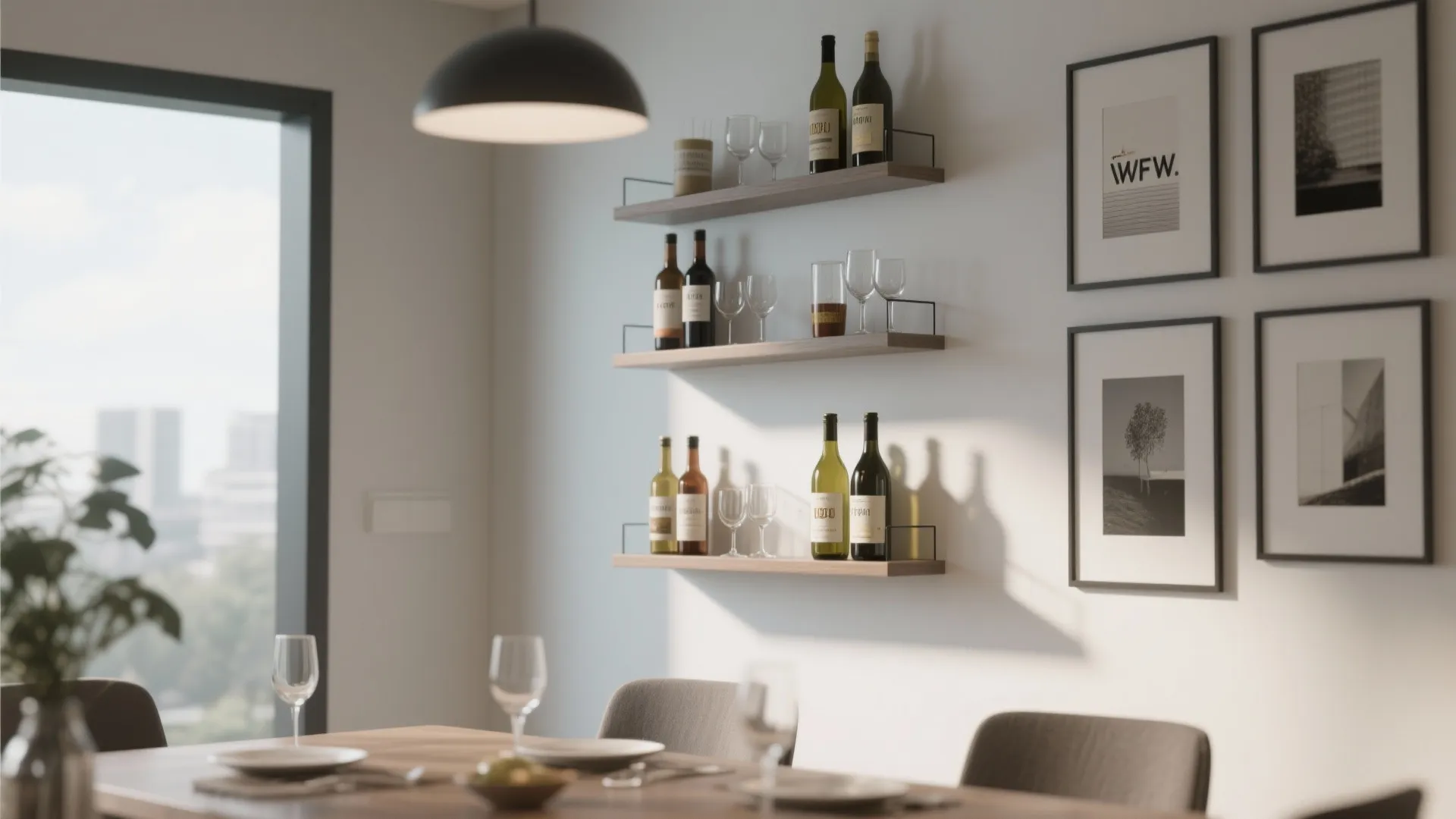Floating wall shelves styled with wine and decor items