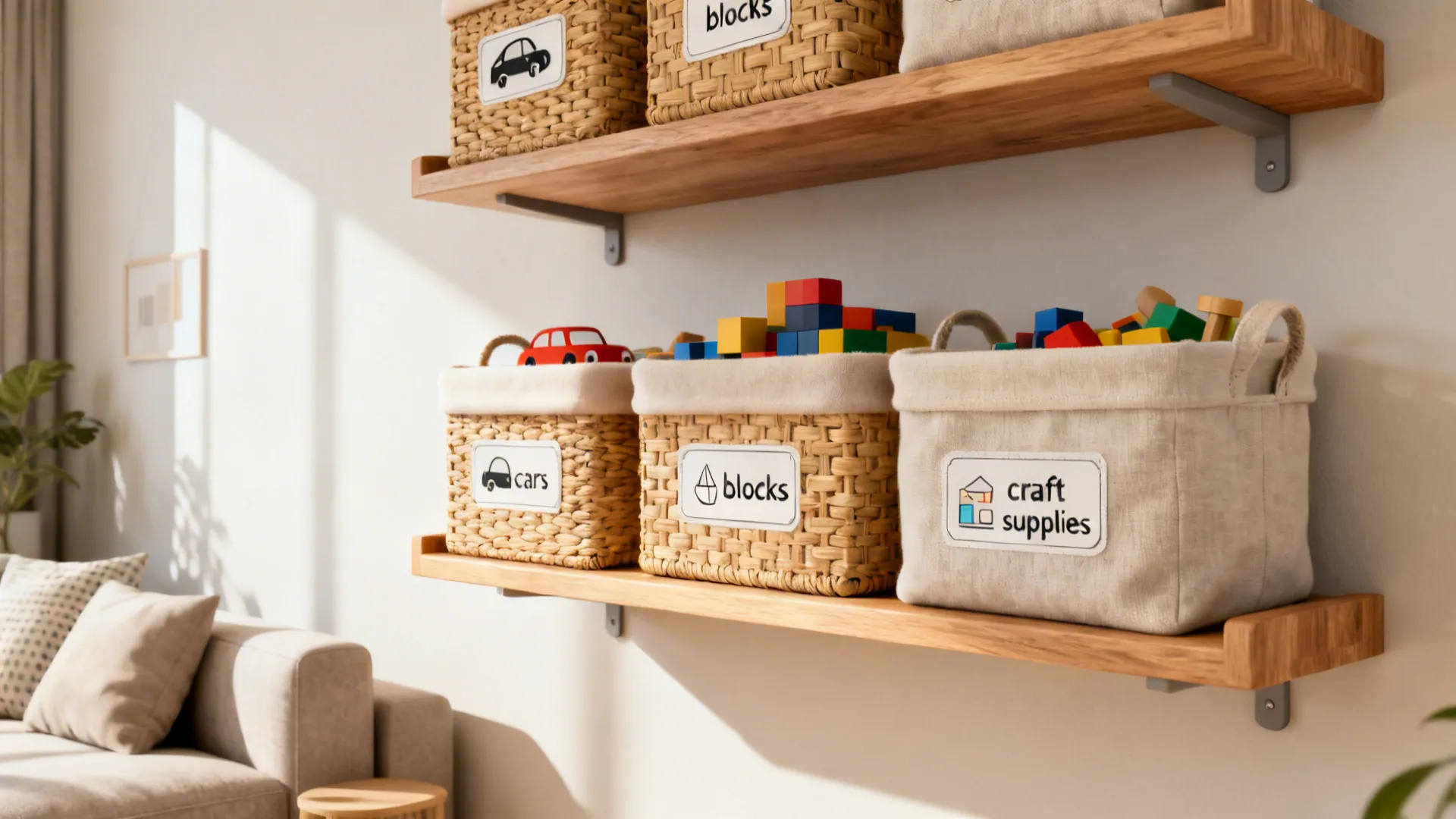2. Floating shelves + labeled baskets