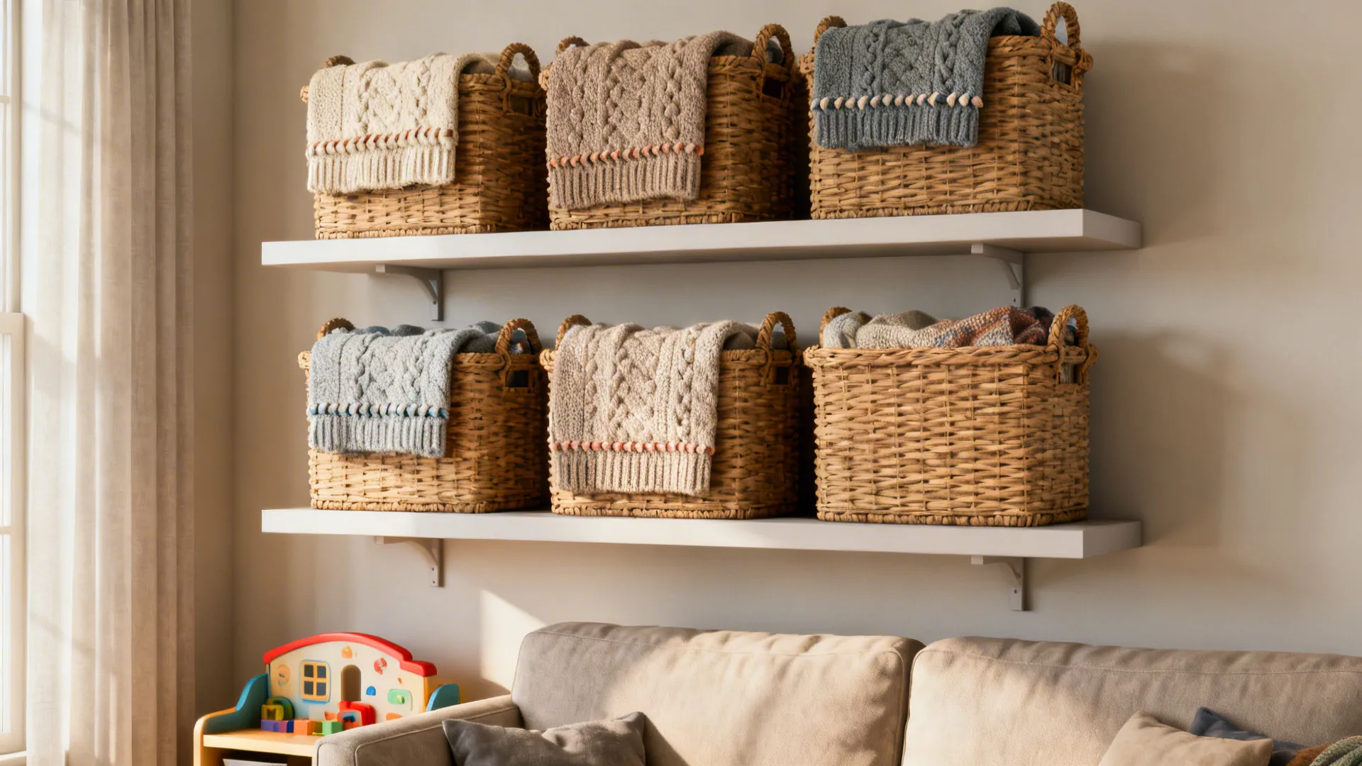 3. Install wall-mounted shelves with baskets