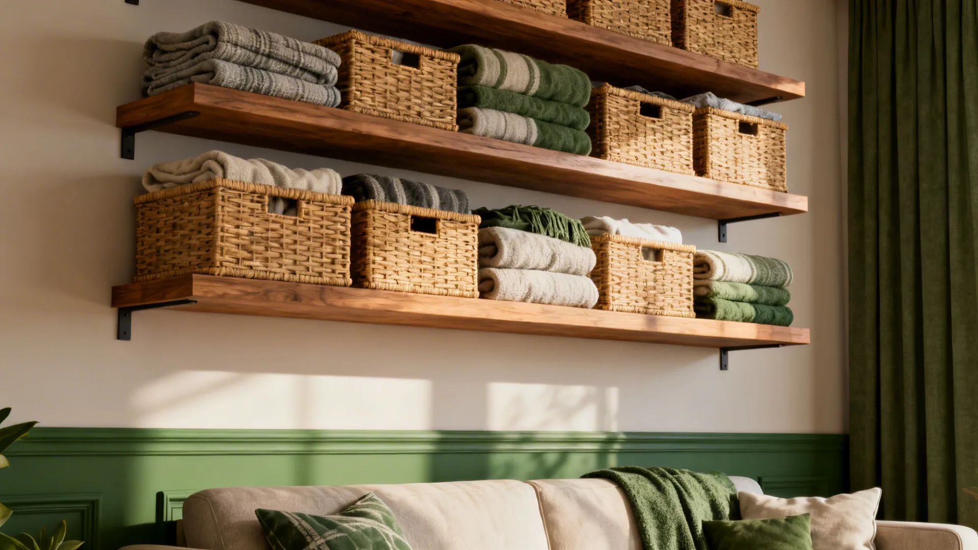 Floating shelves with matching baskets storing blankets high on the wall above a sofa