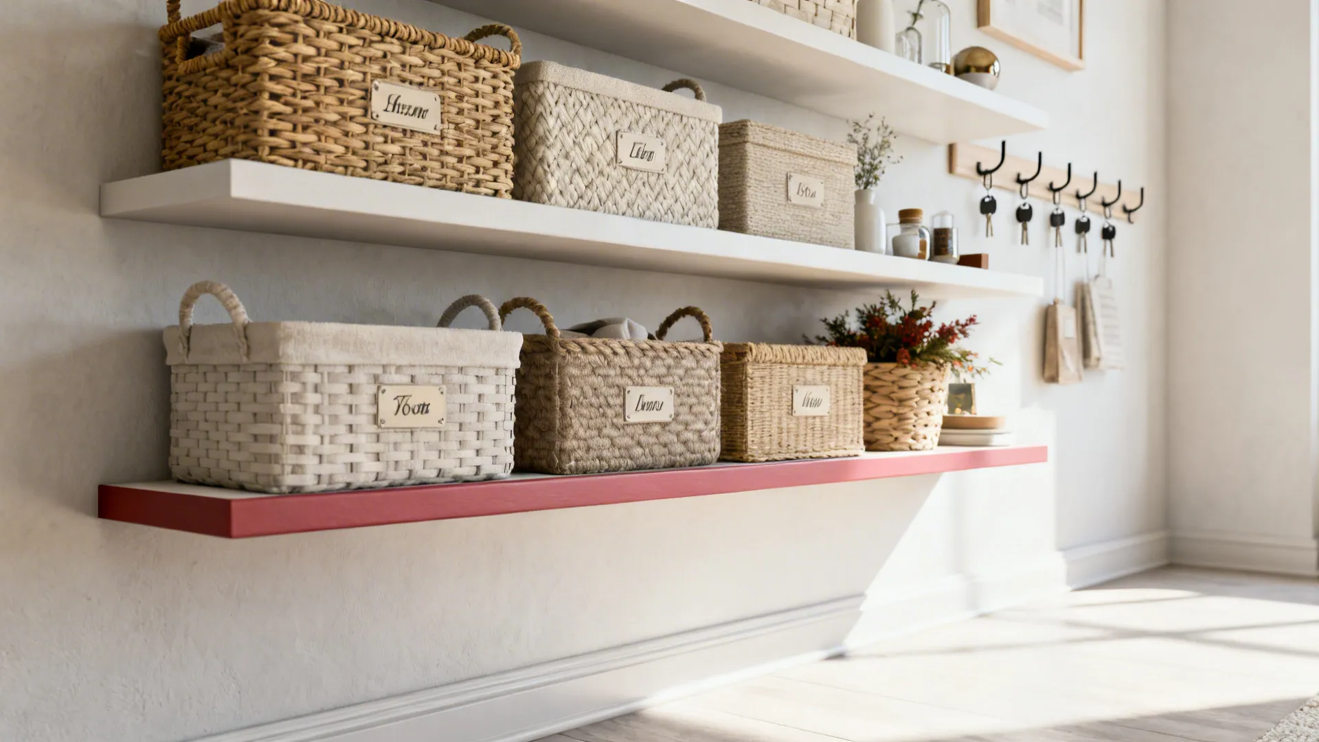 Floating shelves above labeled woven baskets keeping an entryway floor visible and organized.